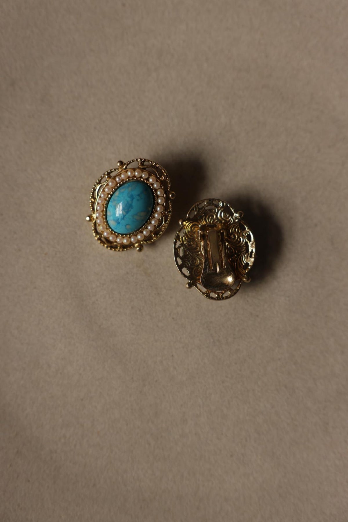 Gold Tone Filigree Faux Turquoise & Seed Pearl Clip-On Earrings