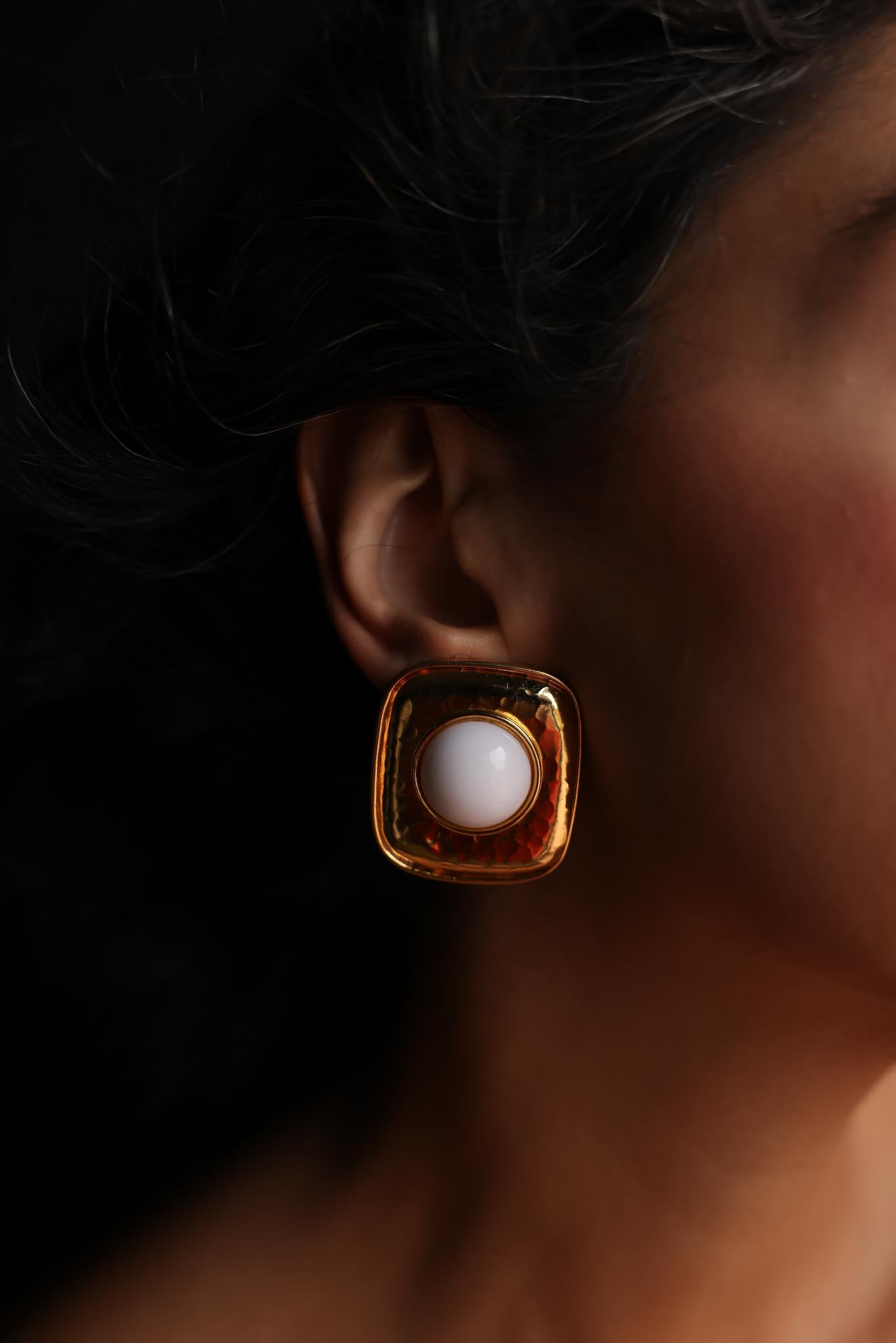 Gold-Tone Hammered Square Clip-On Earrings with White Cabochons – 1980s