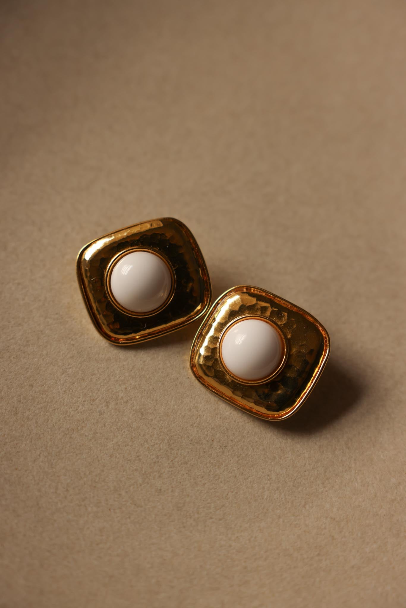 Gold-Tone Hammered Square Clip-On Earrings with White Cabochons – 1980s