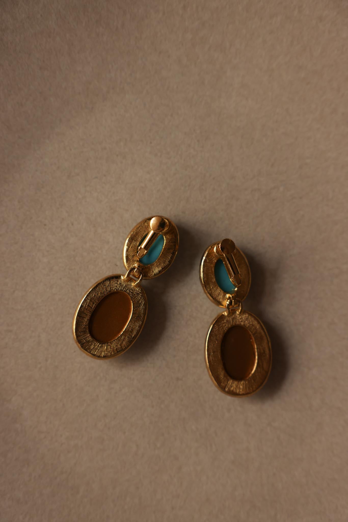 Gold-Tone Blue and Brown Cabochon Clip-On Earrings – 1980s