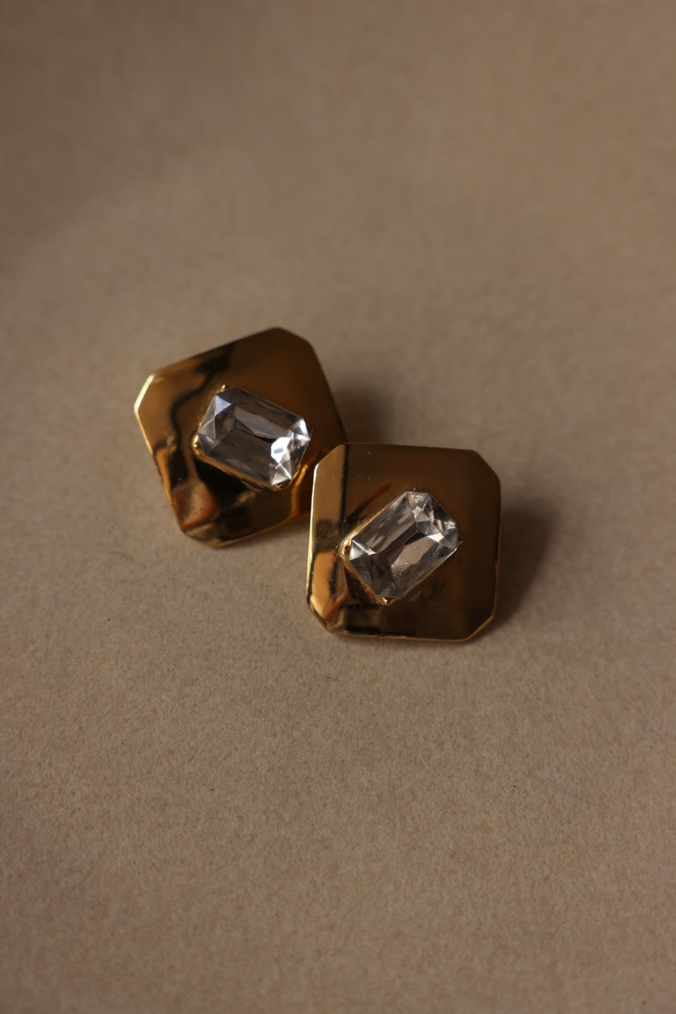 Geometric Gold & Crystal Clip-On Earrings – 1980s