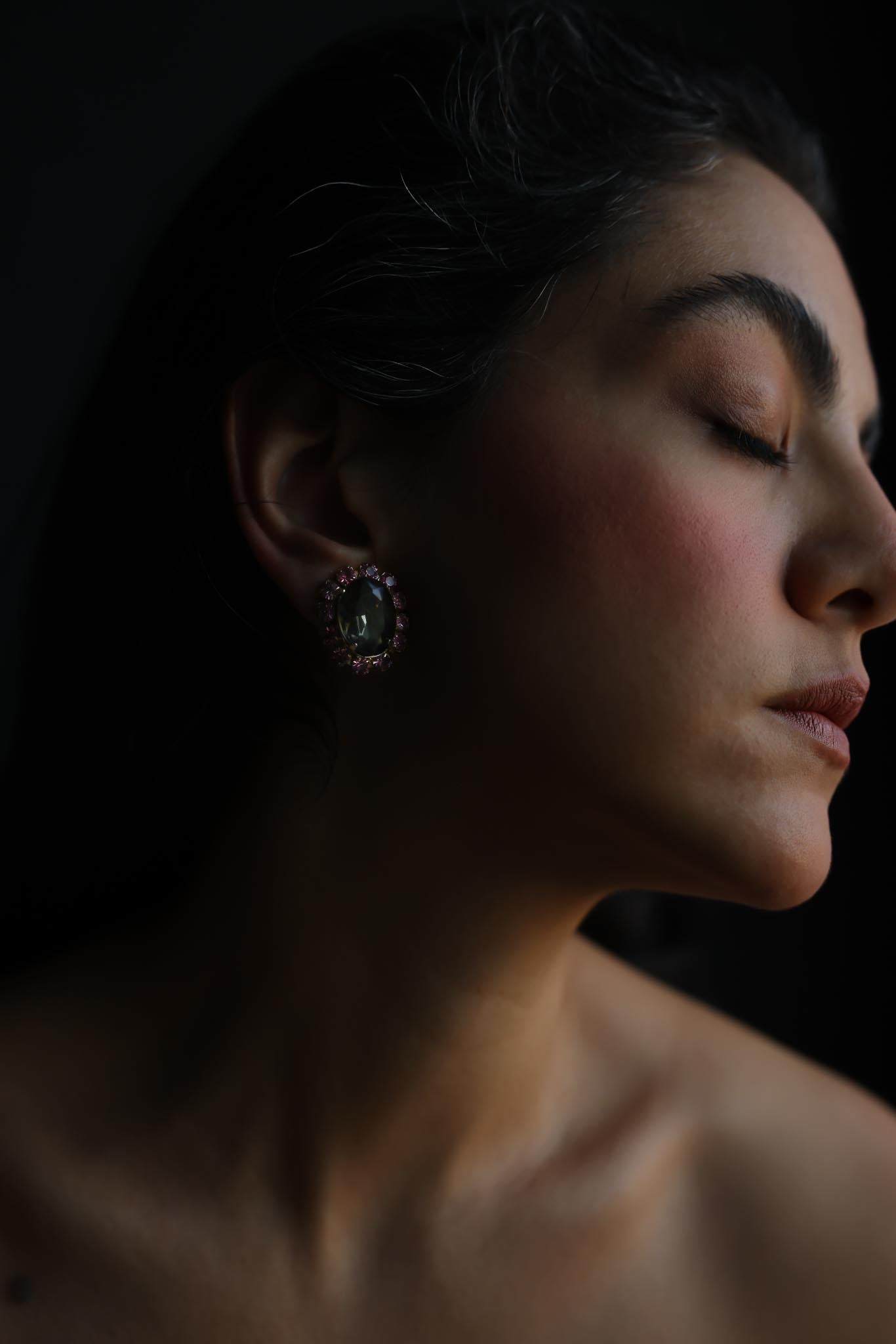 Green Glass and Pink Rhinestone Halo Clip-On Earrings