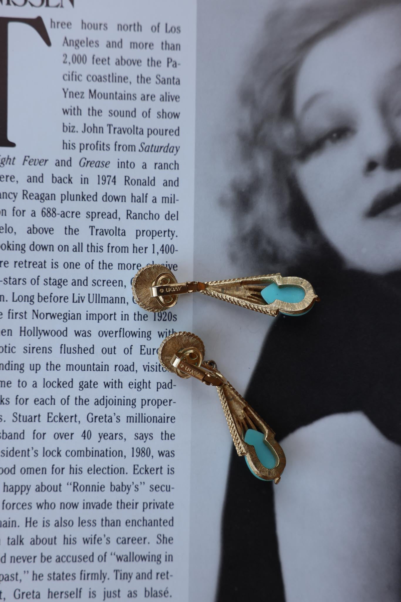 Avon Gold Tone Tear Drop Faux Turquoise Earrings|Vintage Baazaar