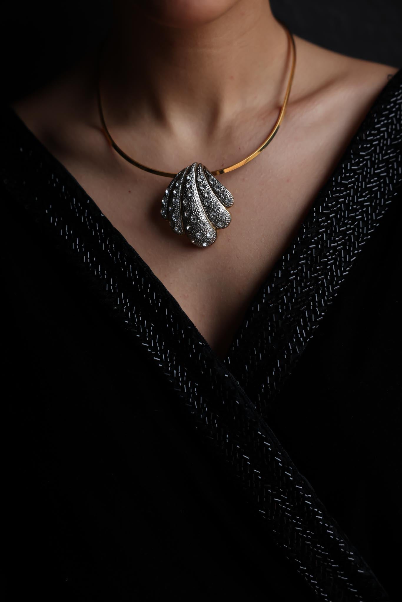 Gold-Tone Shell Pendant Necklace with Rhinestones
