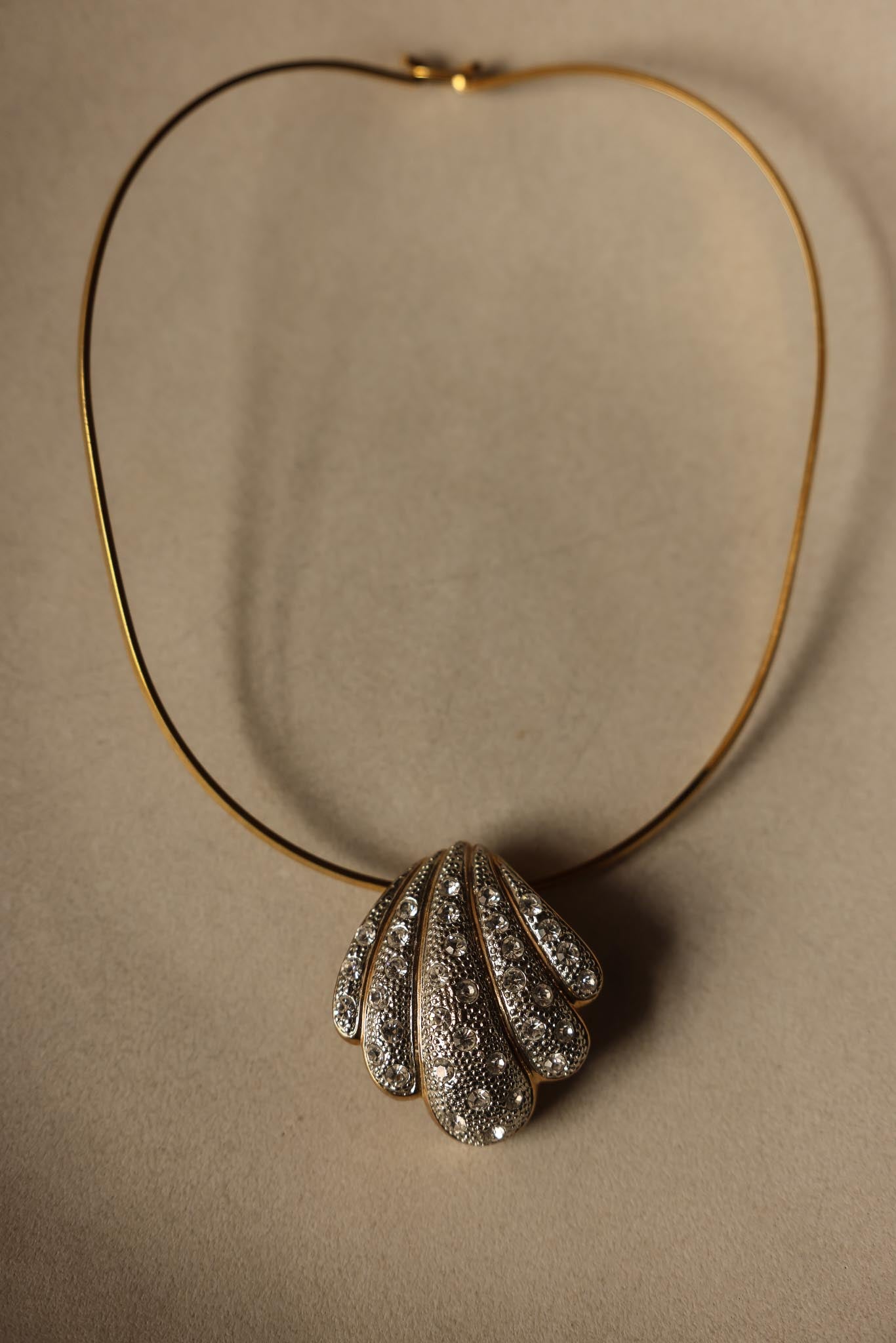 Gold-Tone Shell Pendant Necklace with Rhinestones