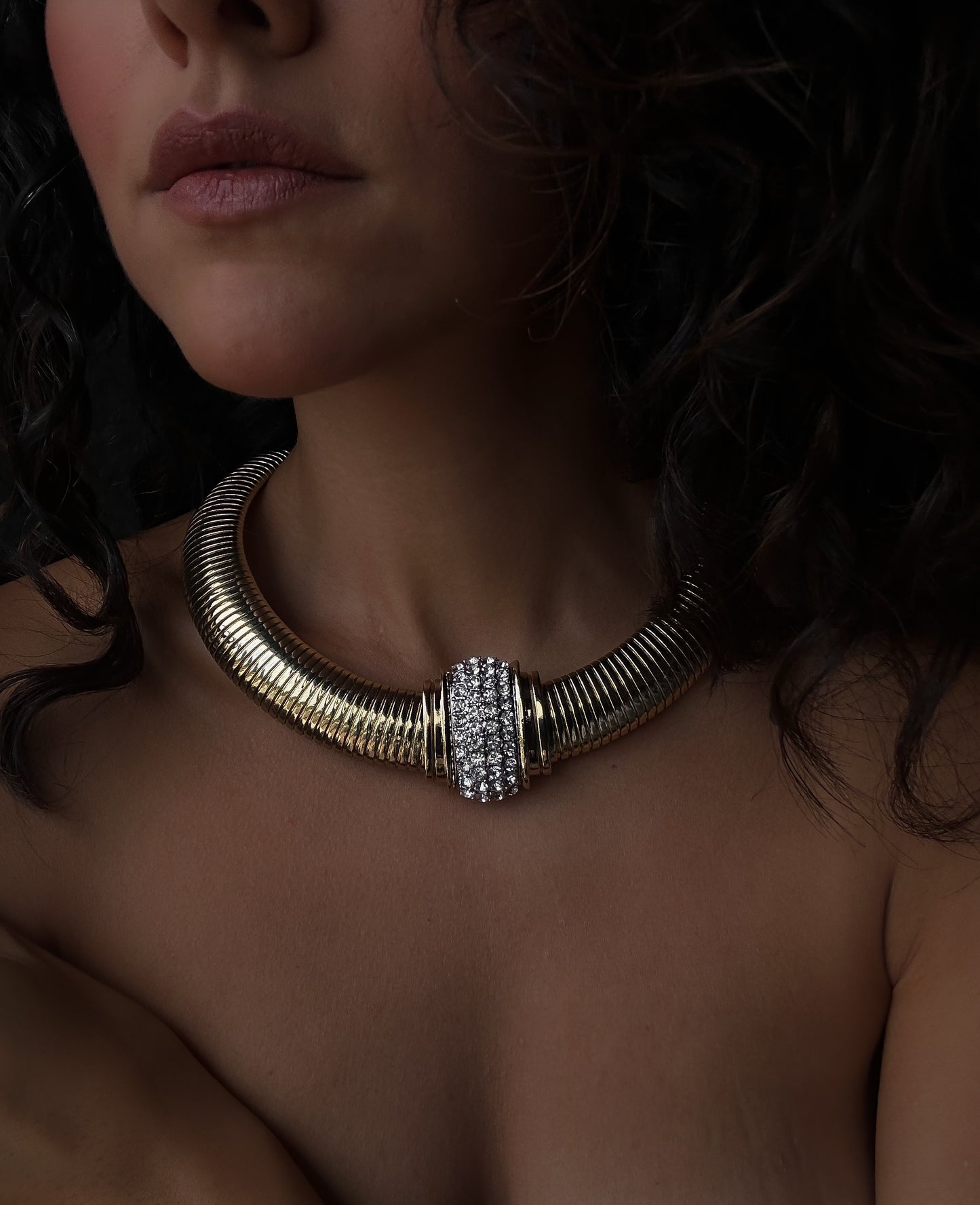 Omega Chain Necklace with Clear Rhinestone Center|Vintage Baazaar