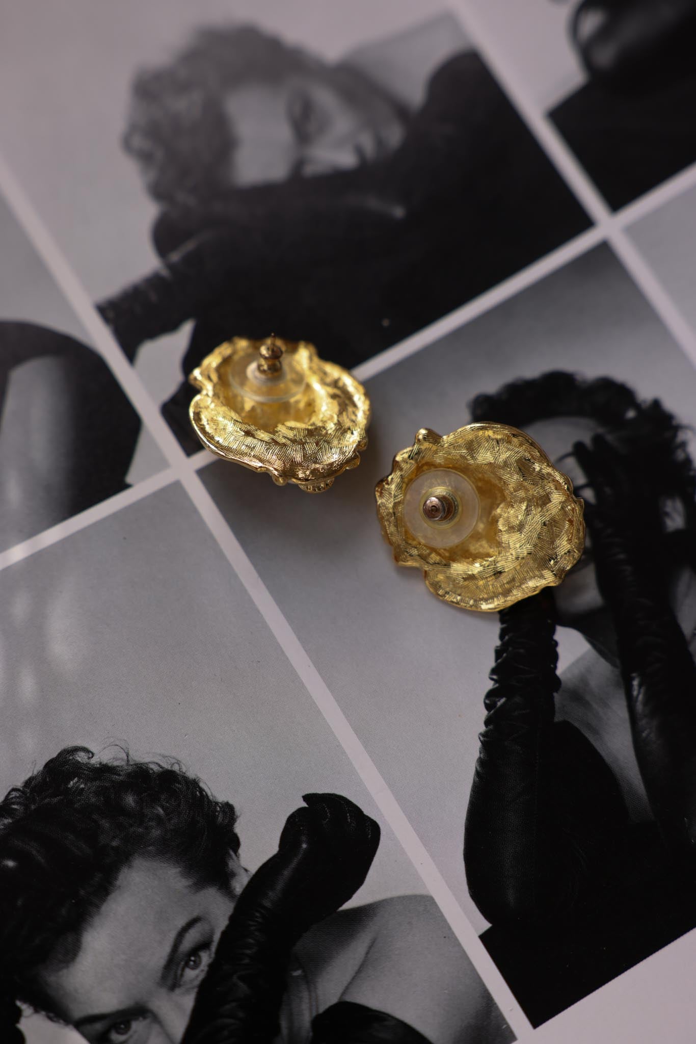 Gold Lion Head Earrings with White Cabochons|Vintage Baazaar