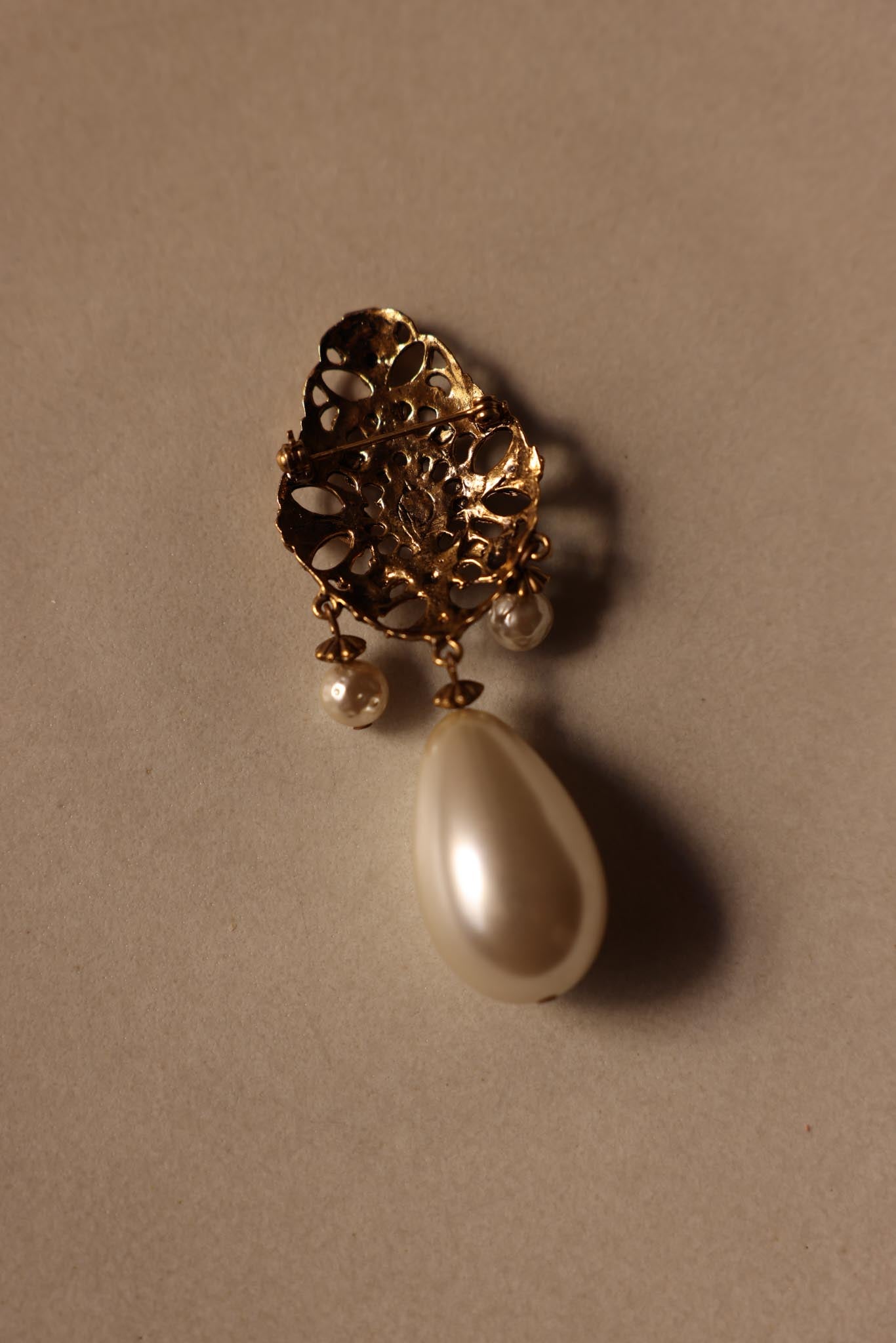 Gold-Tone Filigree Brooch with Faux Pearl Drop