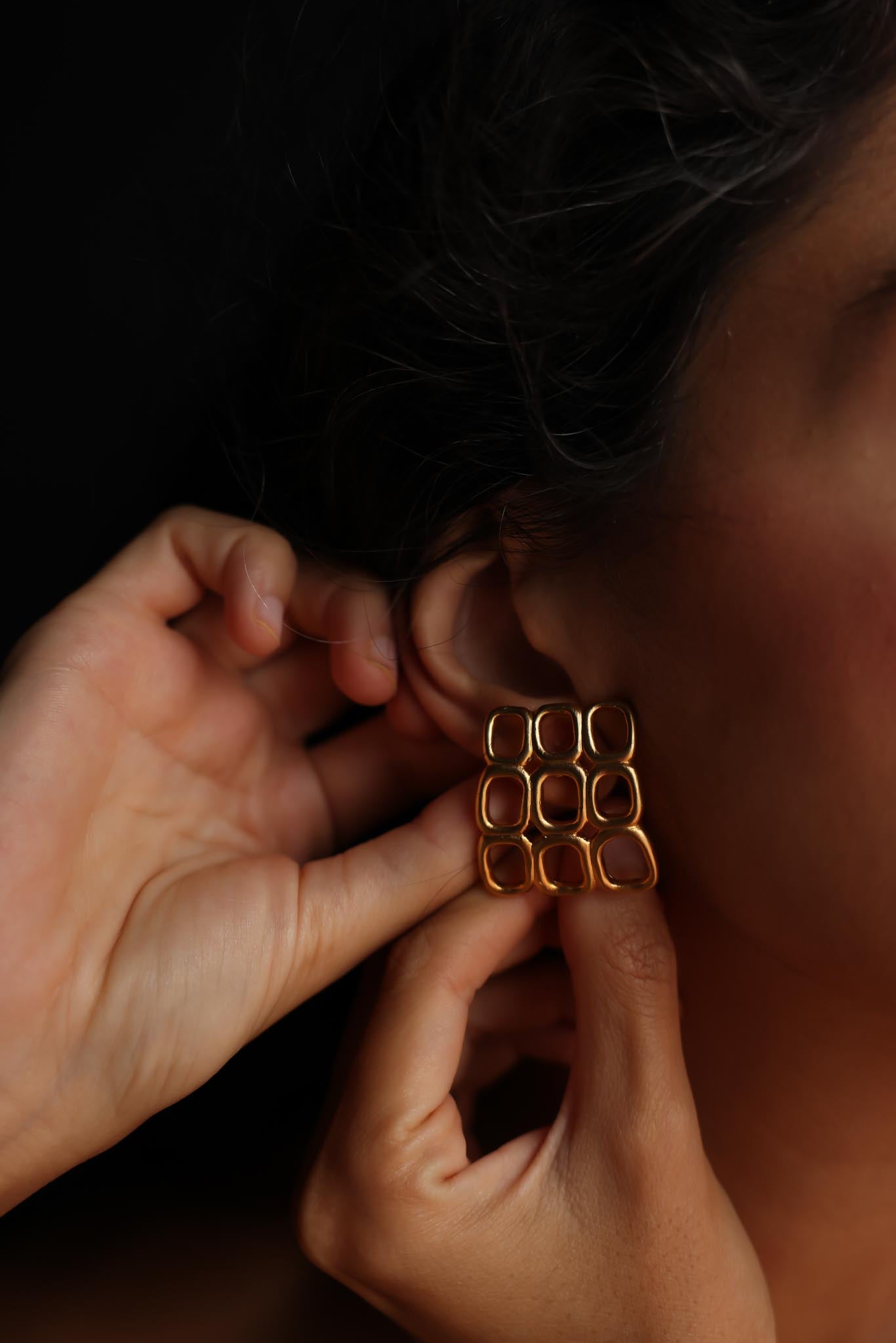 Geometric Grid Gold-Tone Pierced Earrings
