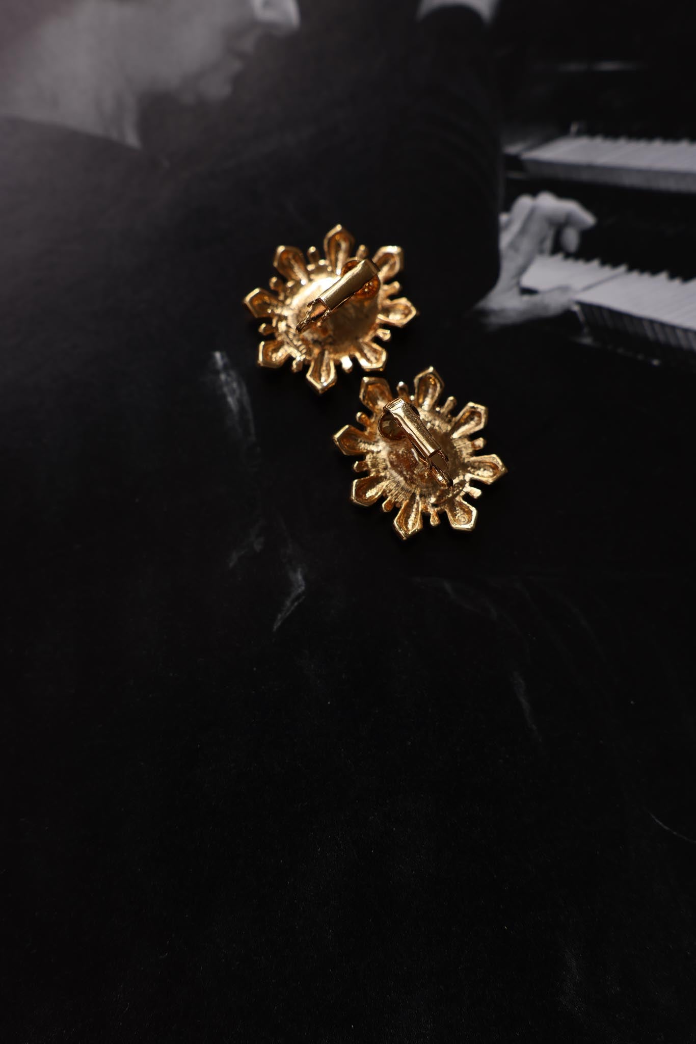 Gold Tone Sunburst Earrings with Iridescent Crystal|Vintage Baazaar
