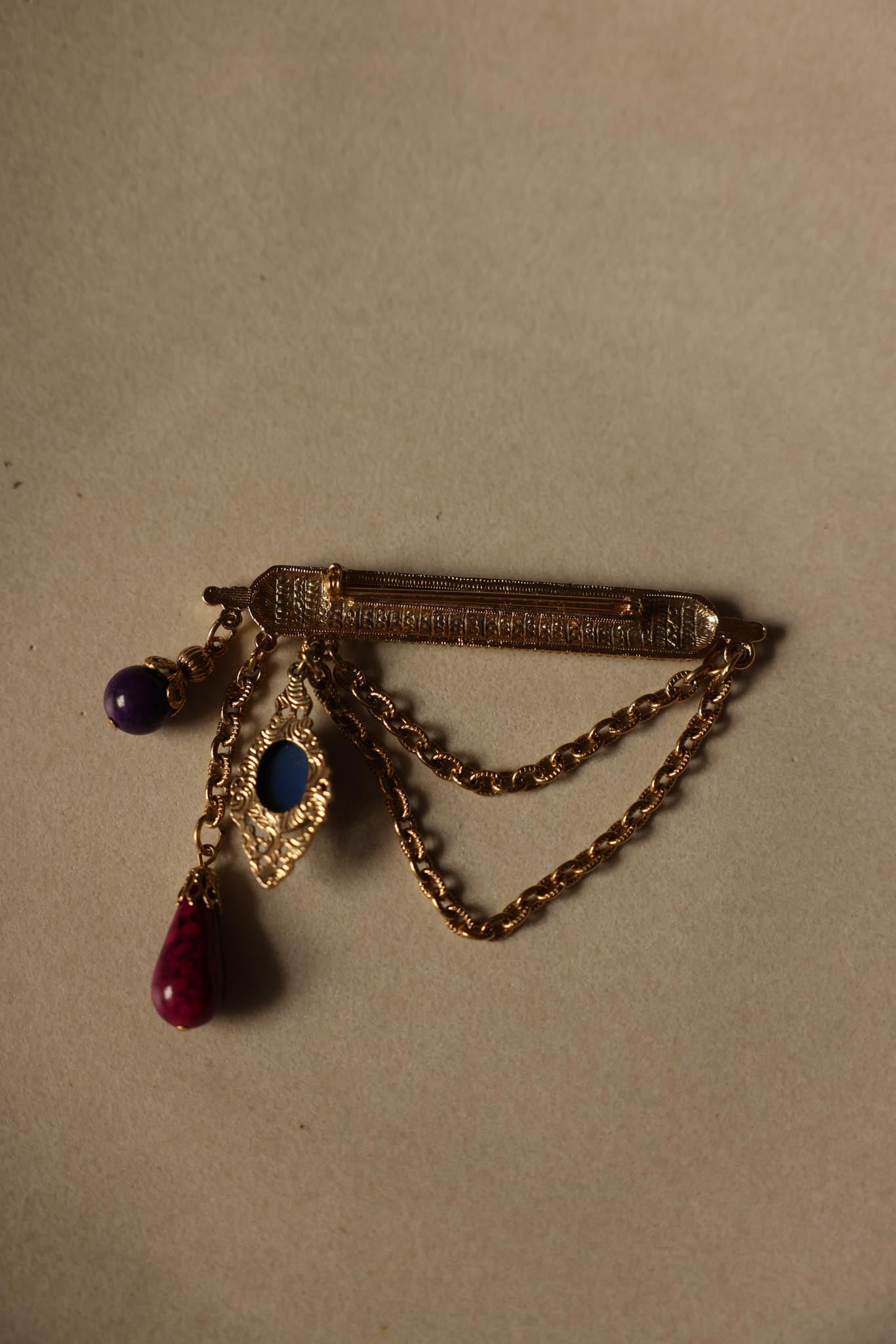 Multi-Color Cabochon Brooch with Chains
