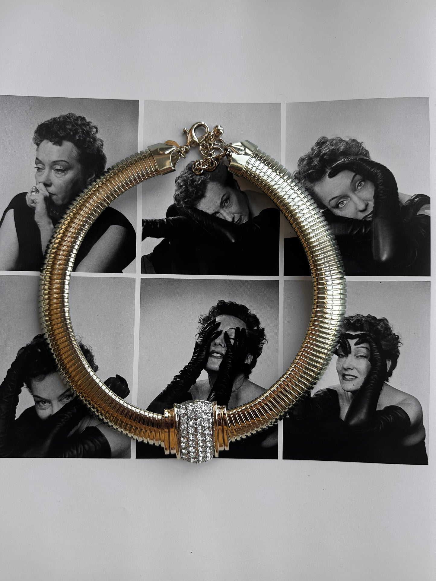 Omega Chain Necklace with Clear Rhinestone Center|Vintage Baazaar