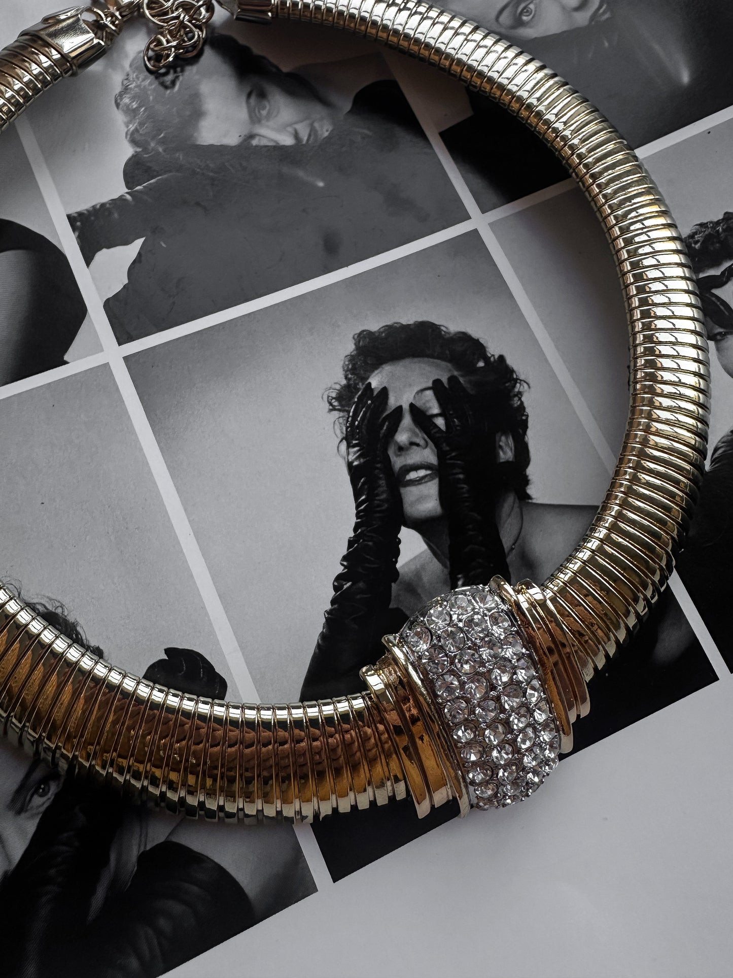 Omega Chain Necklace with Clear Rhinestone Center|Vintage Baazaar