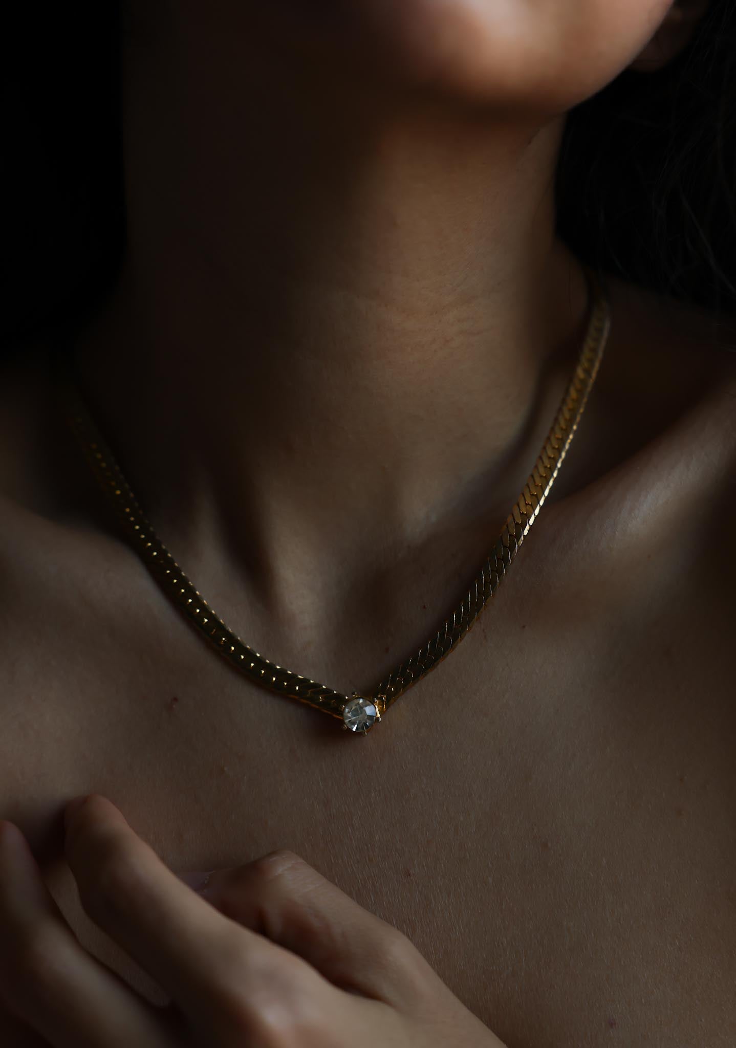 Gold Plated Herringbone Chain Necklace With Clear Rhinestone