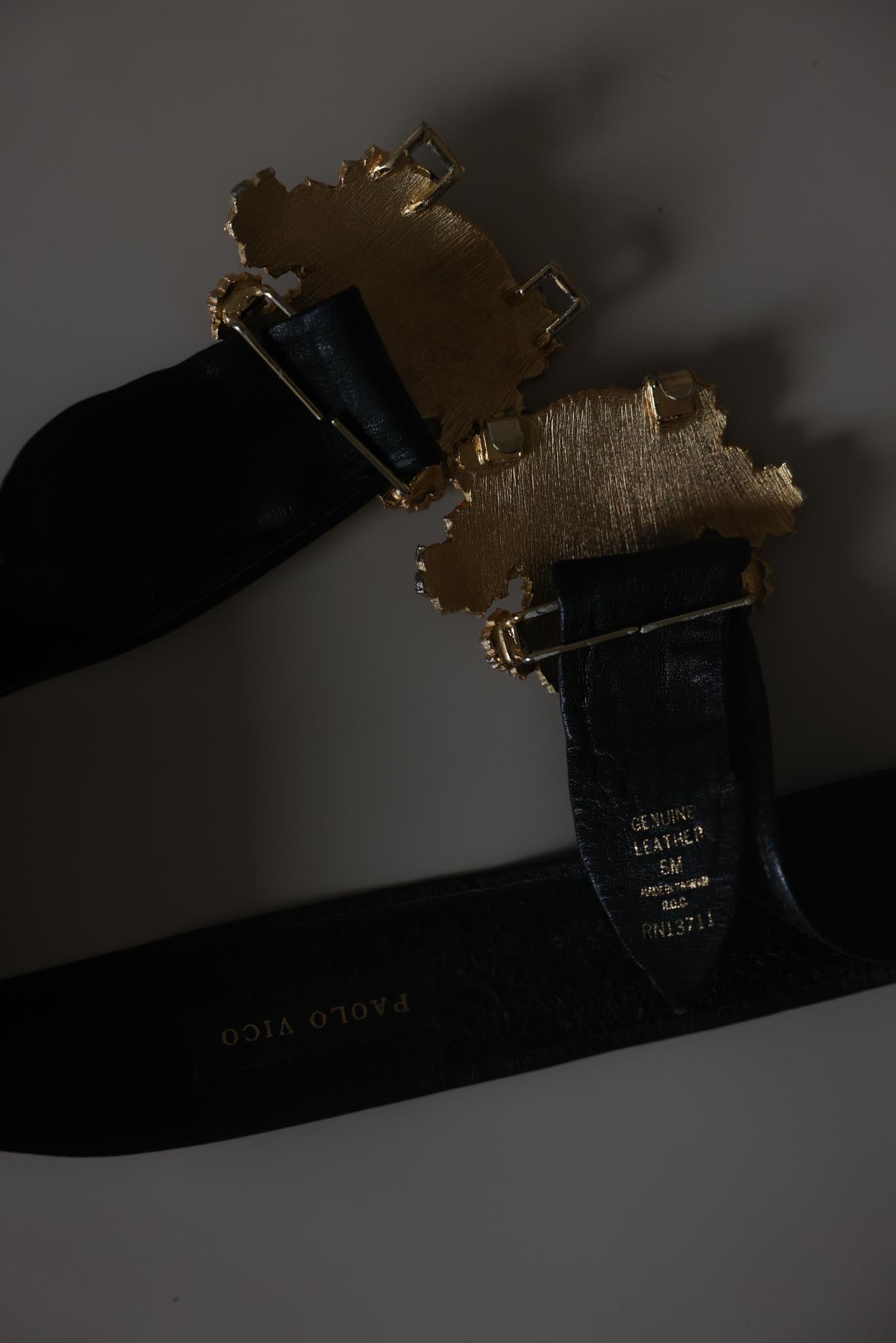 Black Leather Belt With Ornate Gold Buckle