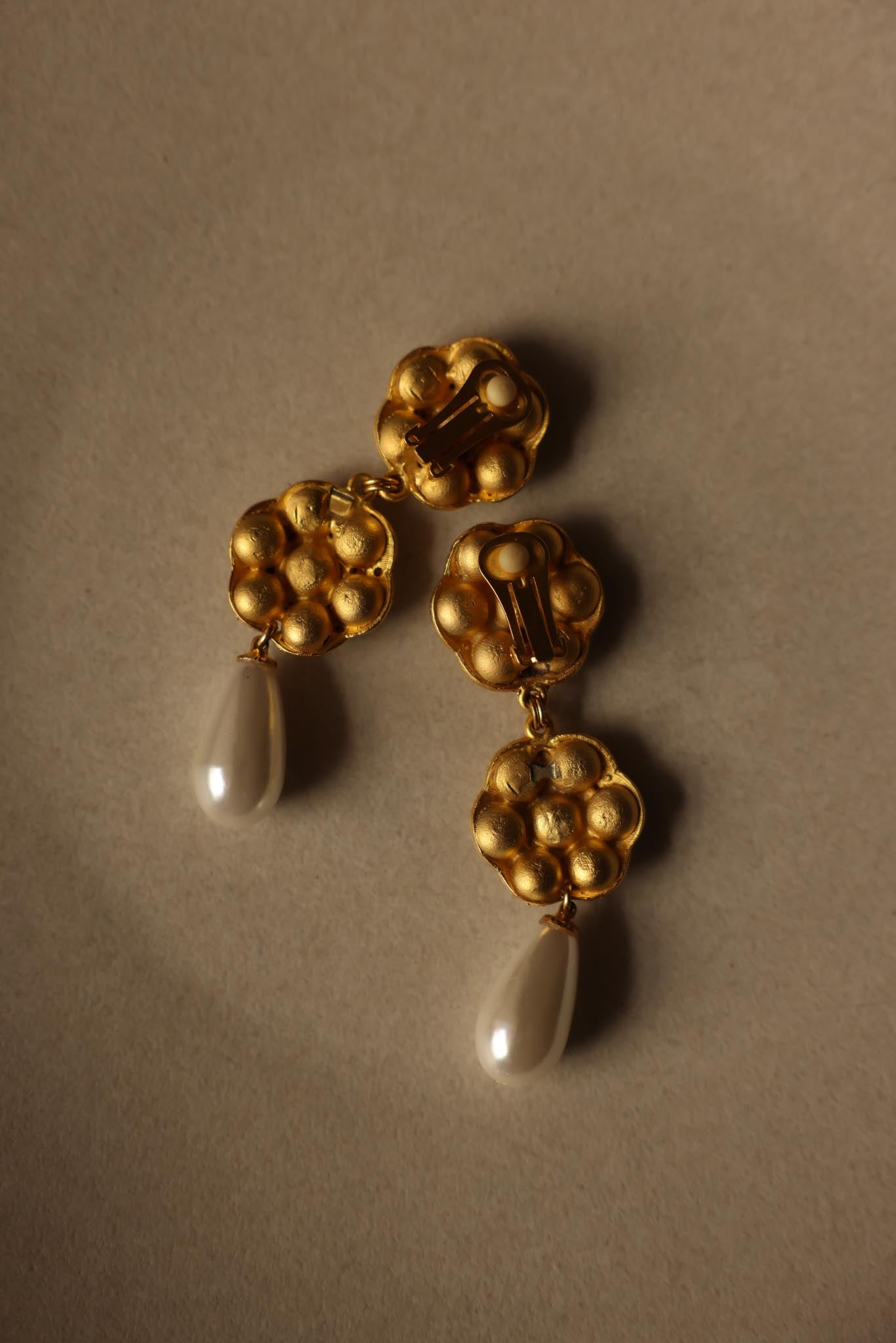 Brushed Gold Clip-On Earrings with Rhinestones and Faux Pearl Drops|Vintage Baazaar