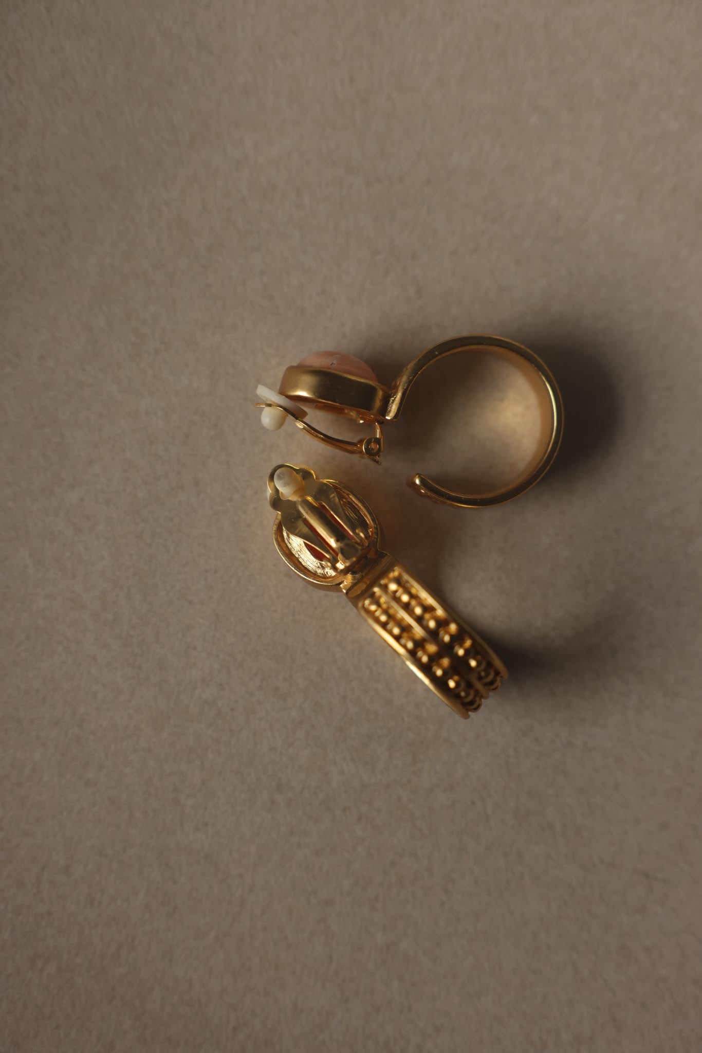 Peach Cabochon Matte Gold Hoop Clip-On Earrings