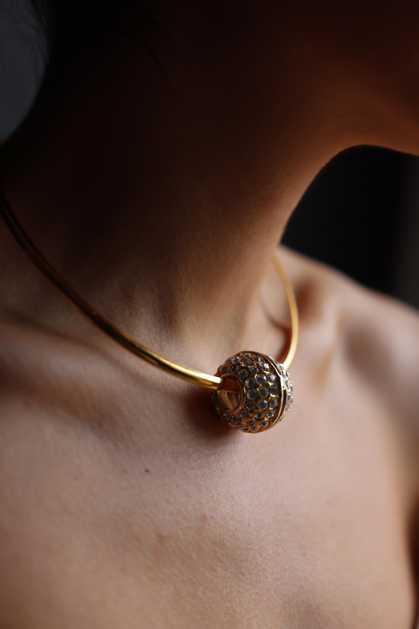 Gold-Tone Collar Necklace with Rhinestone Ball Pendant