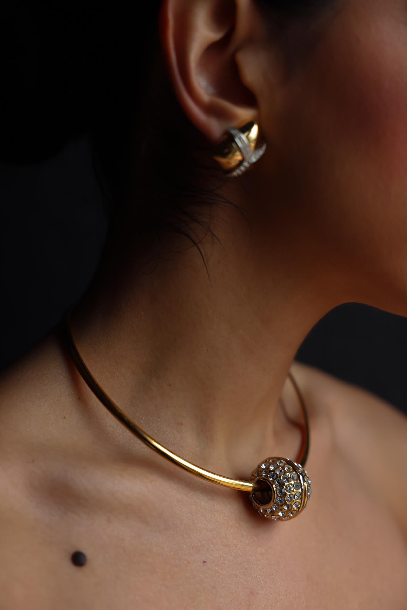 Gold-Tone Collar Necklace with Rhinestone Ball Pendant