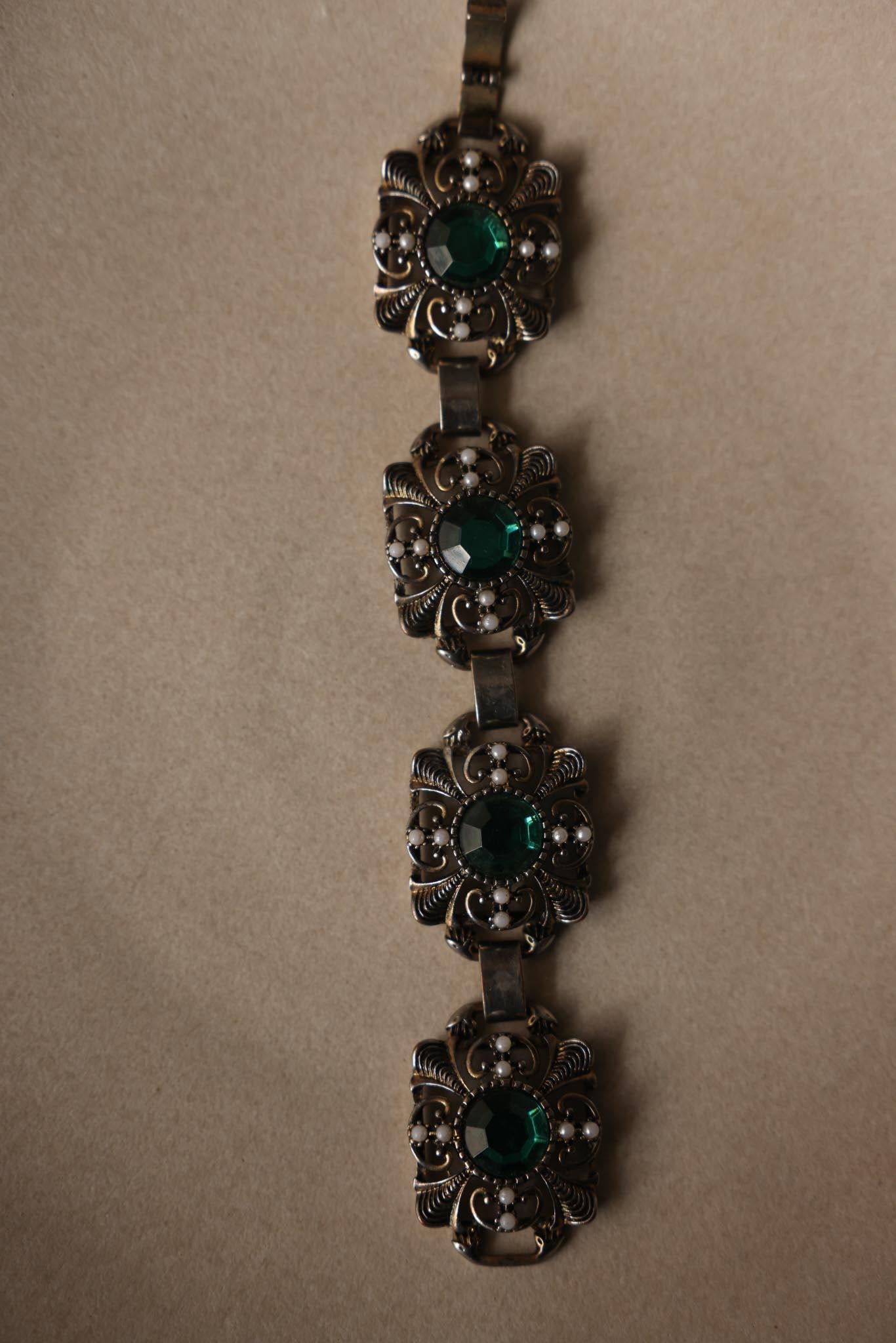 Silvertone Filigree Bracelet with Green Cabochons & Faux Pearls, 1950's