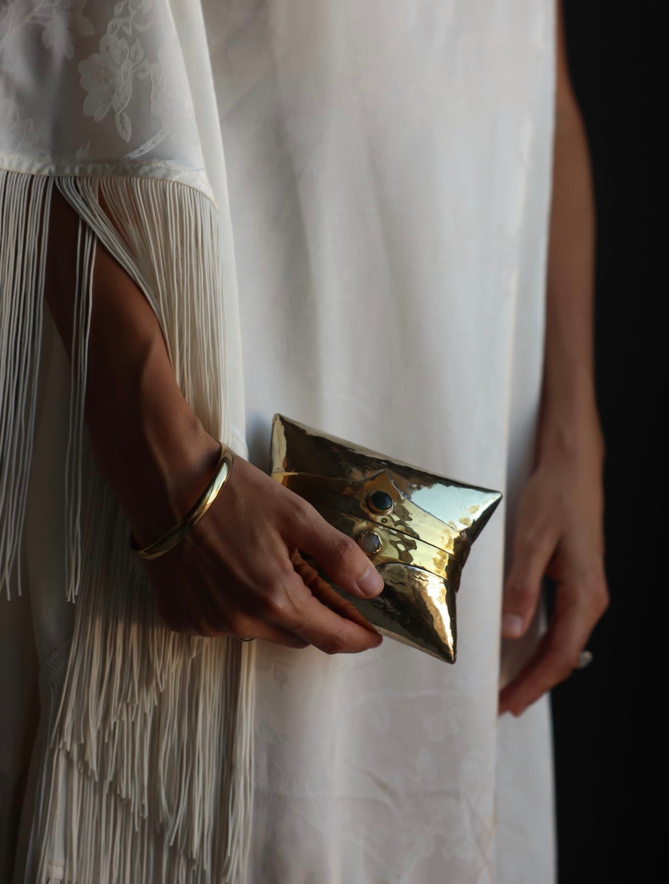 1970s Hammered Brass Gemstone Mini Minaudière Evening Clutch