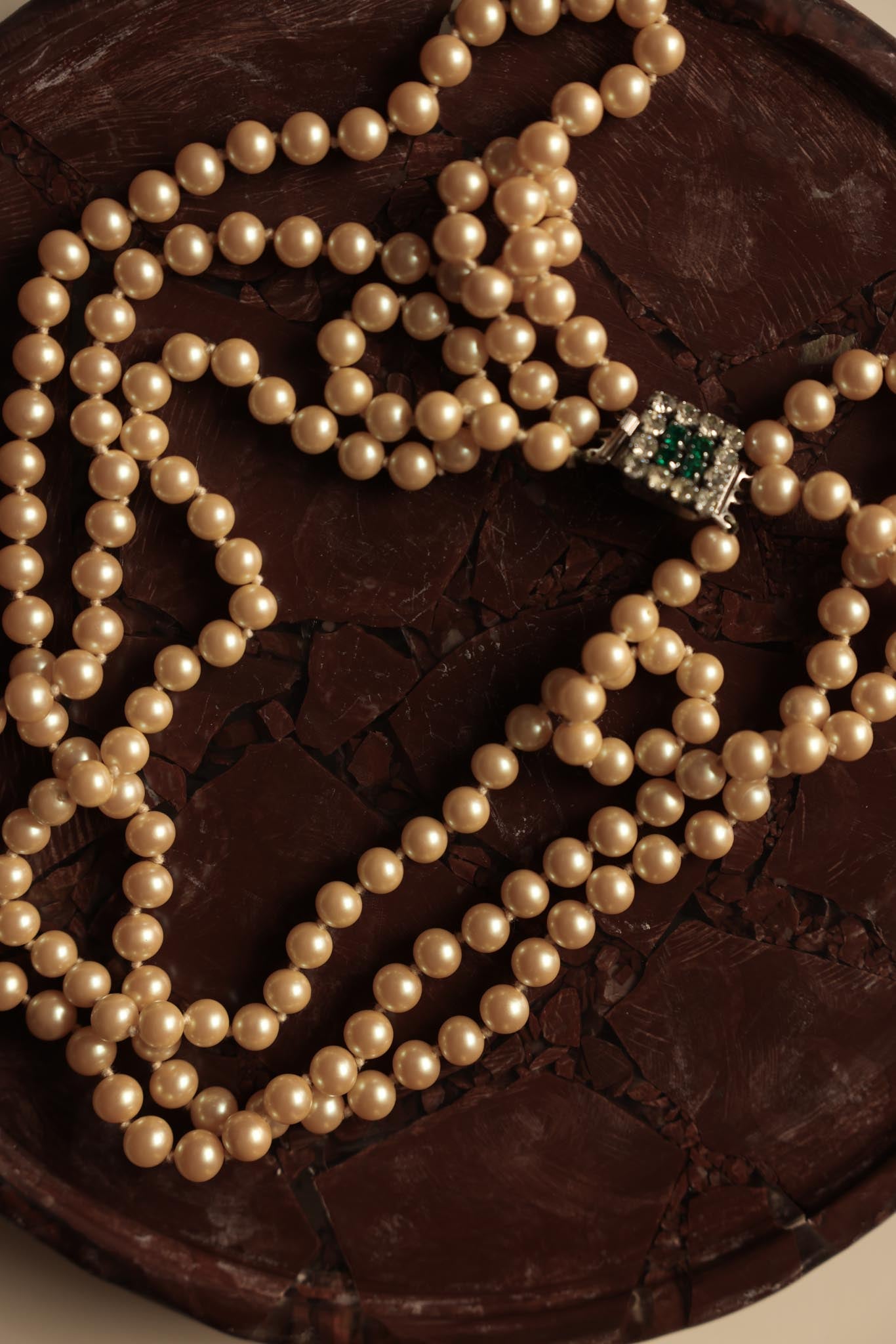 Triple-Strand Pearl Necklace with Emerald Rhinestone Clasp|Vintage Baazaar