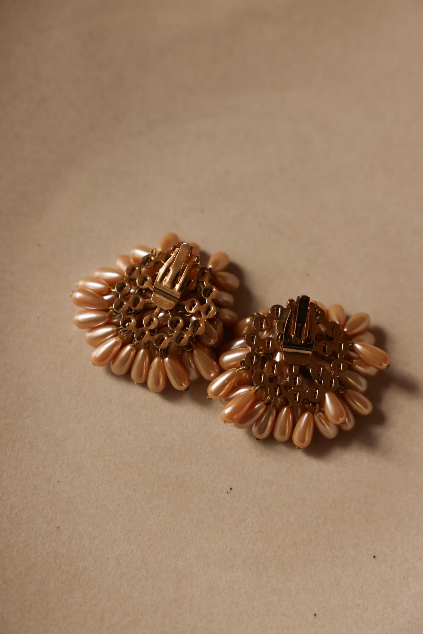 1950s Gold-Tone Cluster Clip-On Earrings with Peach Faux Pearls
