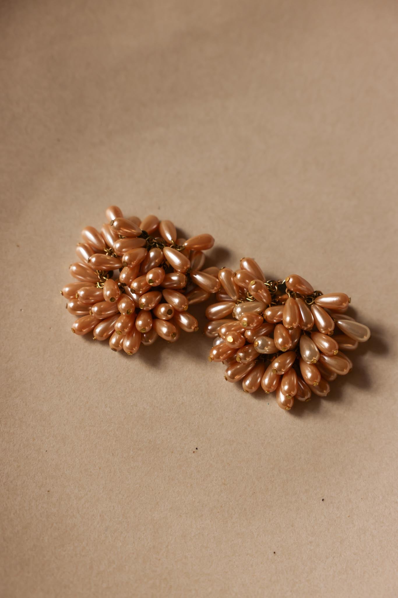 1950s Gold-Tone Cluster Clip-On Earrings with Peach Faux Pearls