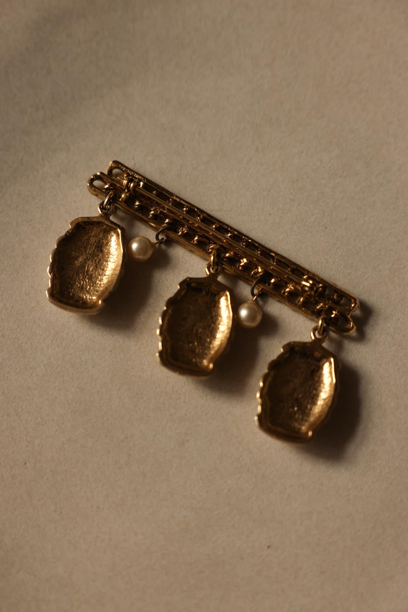 Gold-Tone Pearl Drop Chain Brooch