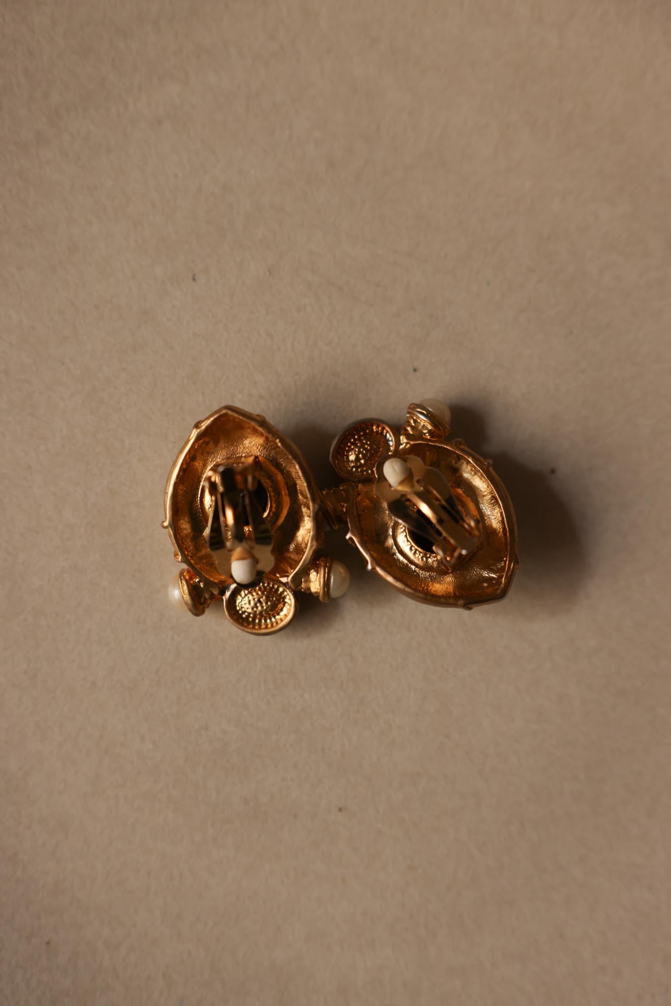 Matte Gold Clip-On Earrings with Black and Pearl Accents