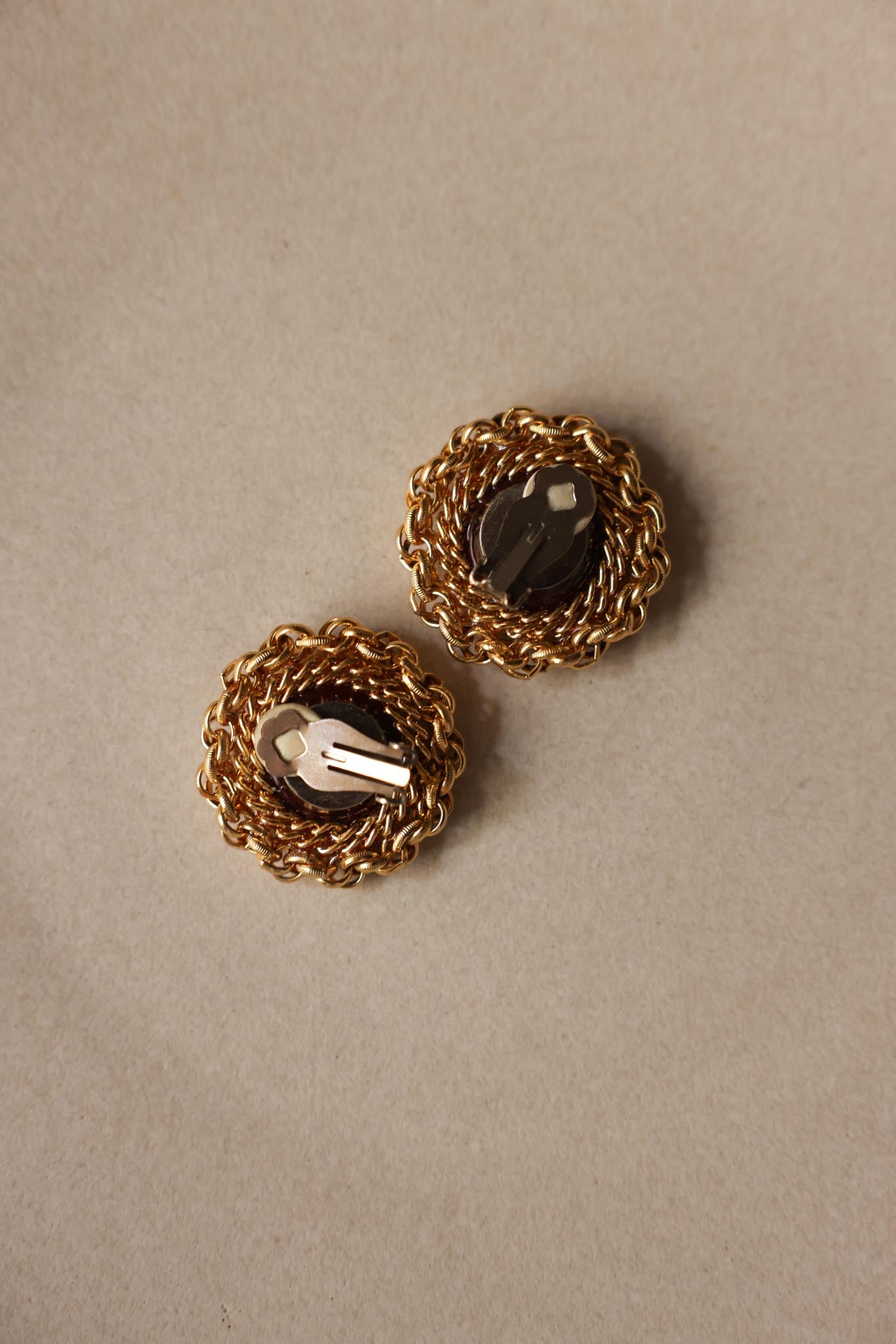 Gold Tone Woven Clip-On Earrings With Burgundy Cabochon