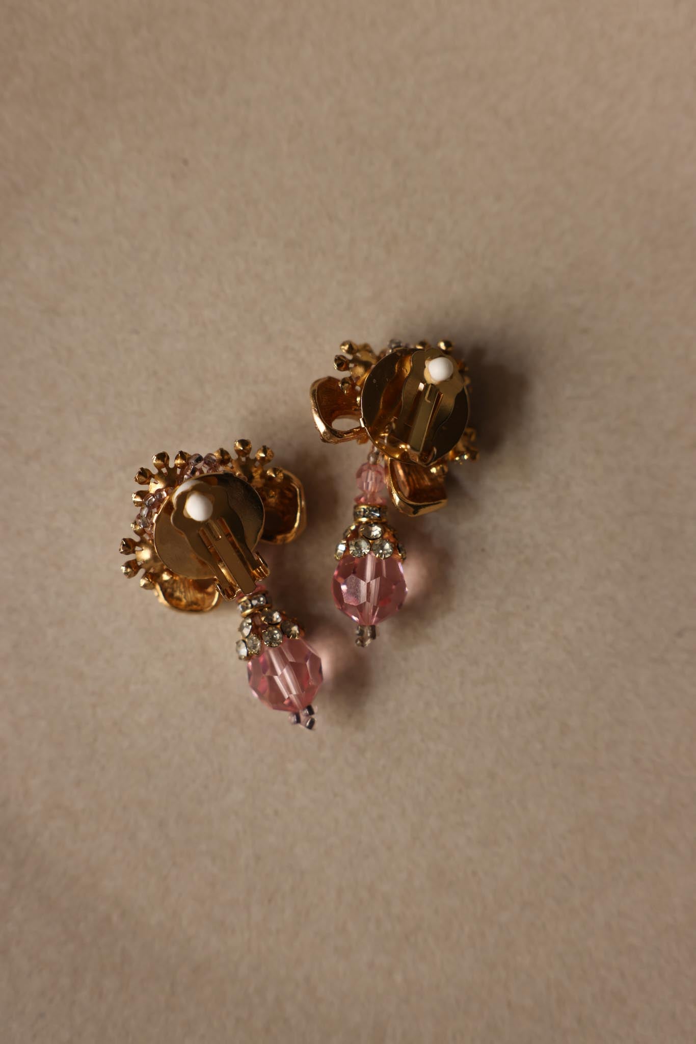 Gold Plated Pink Rhinestone Drop Clip-On Earrings