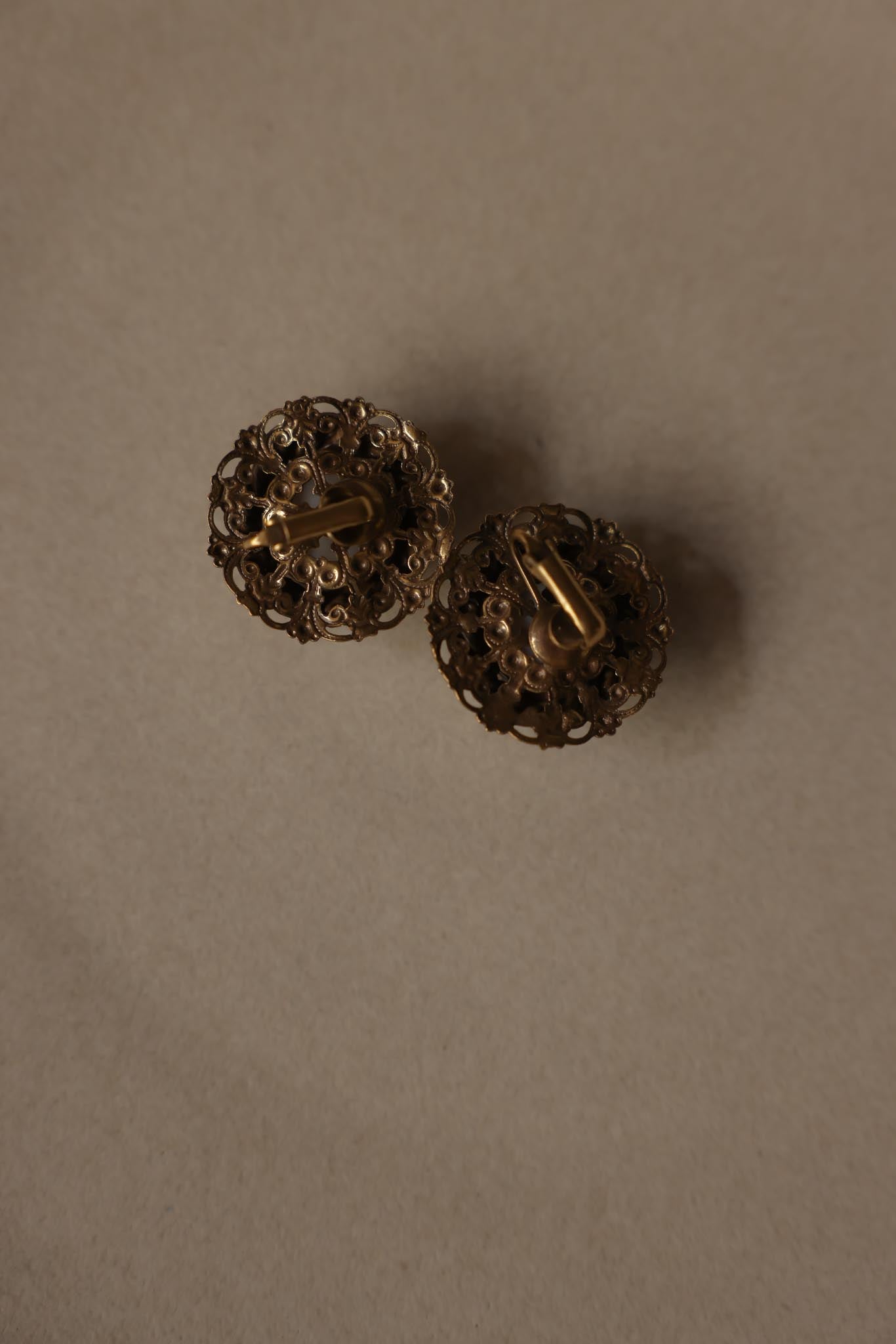 Gold Tone White Cabochon Filigree Clip-On Earrings