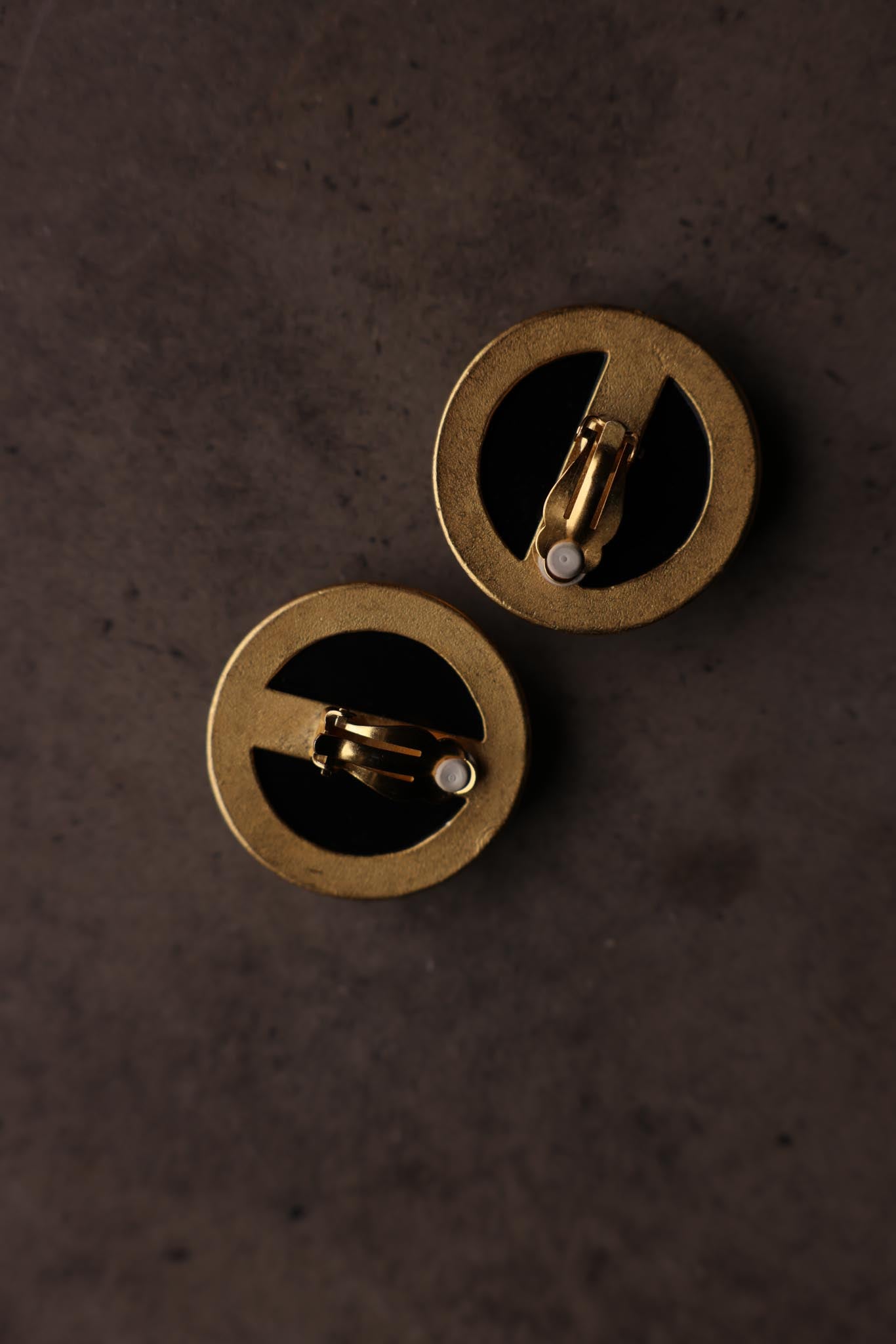 Gold-Tone Plaid Fabric Clip-On Earrings with Black Enamel