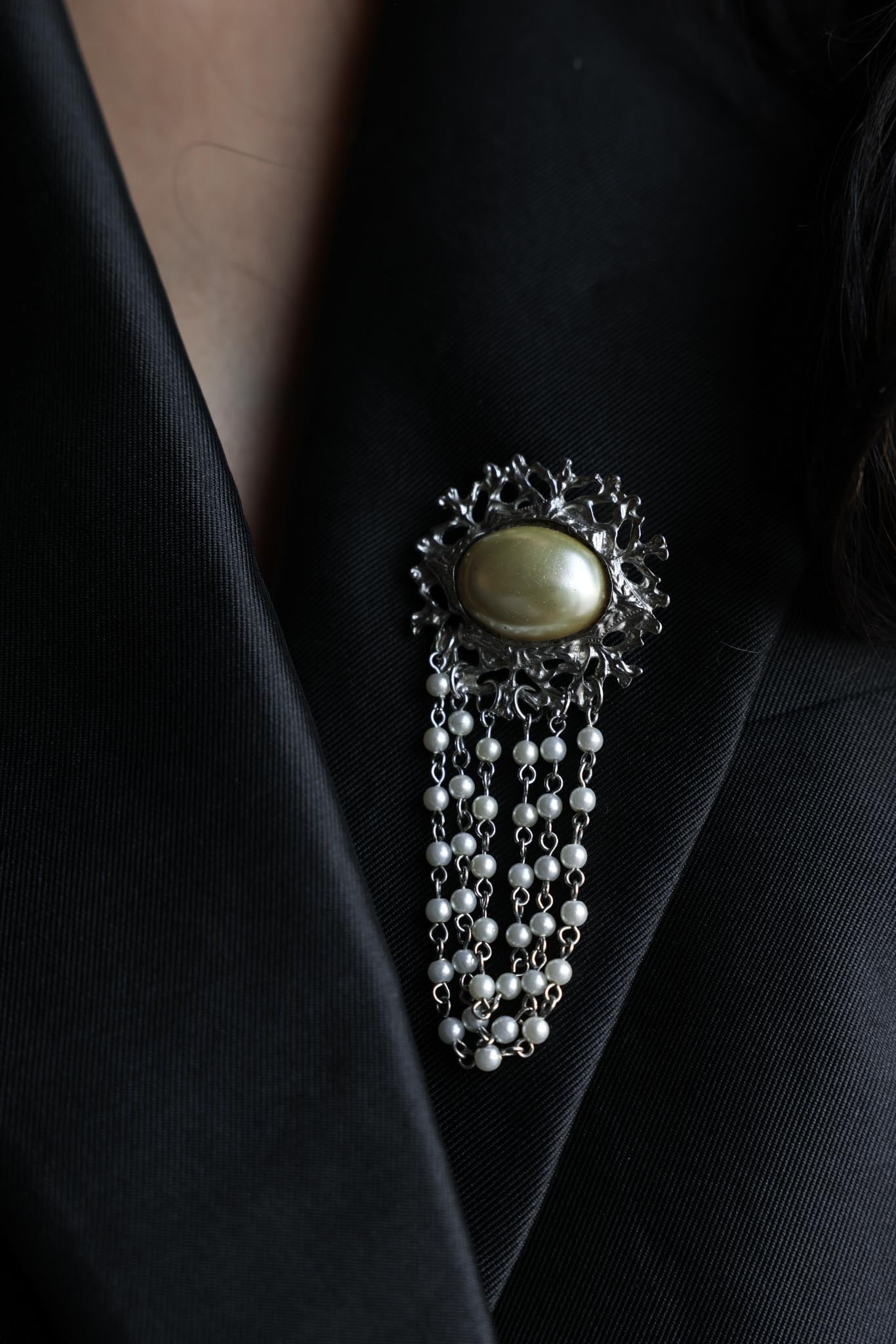 Silver-Tone Brooch with Faux Pearl and Draped Beaded Chains