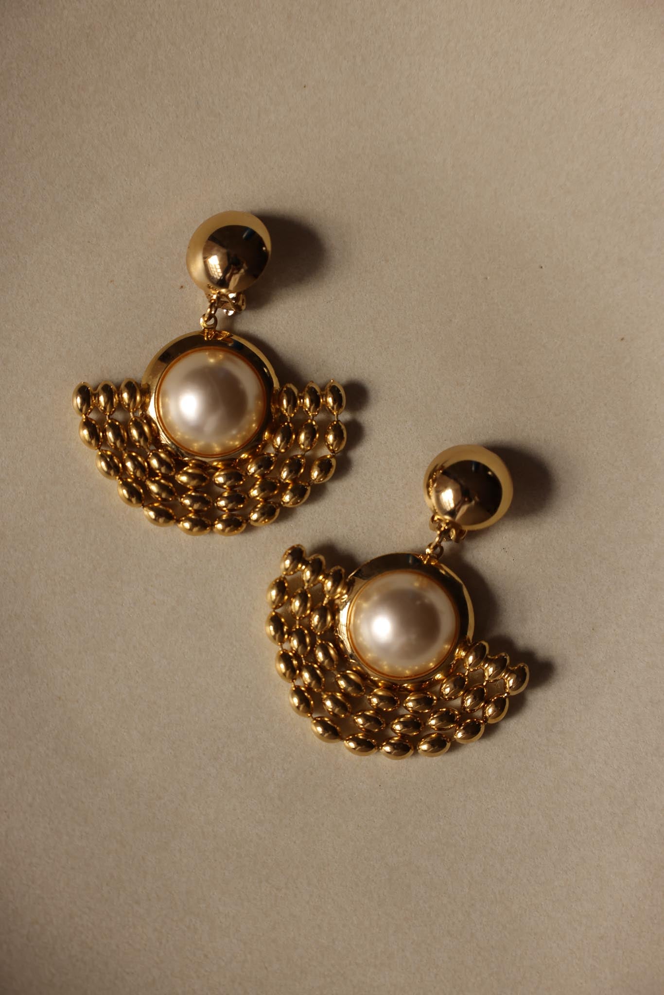 Gold-Tone Clip-On Earrings with Faux Pearls and Layered Bead Design