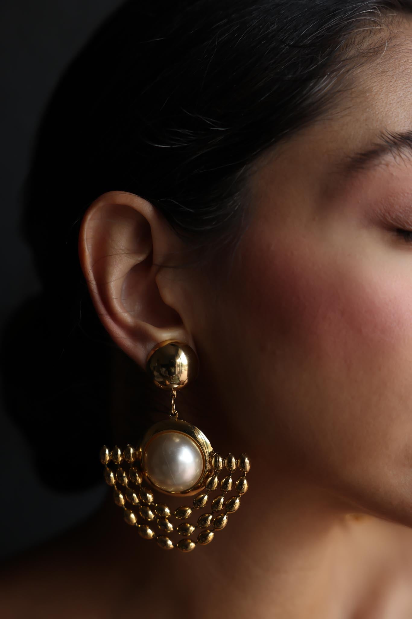 Gold-Tone Clip-On Earrings with Faux Pearls and Layered Bead Design