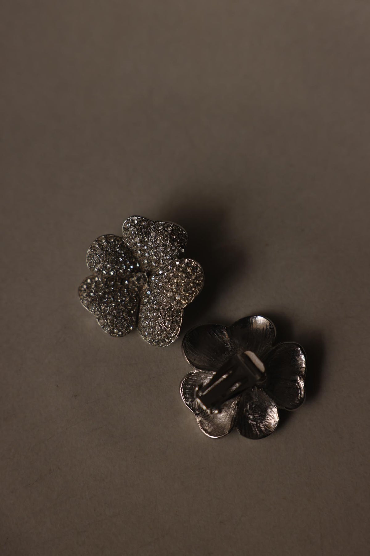 Silvertone Rhinestone Flower Clip-On Earrings