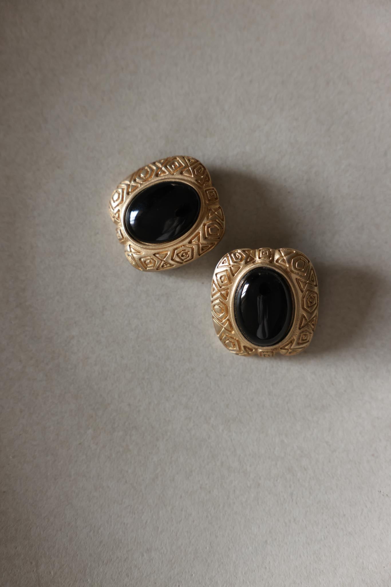 Lazuli Black Glass Clip-On Earrings Gold Tone