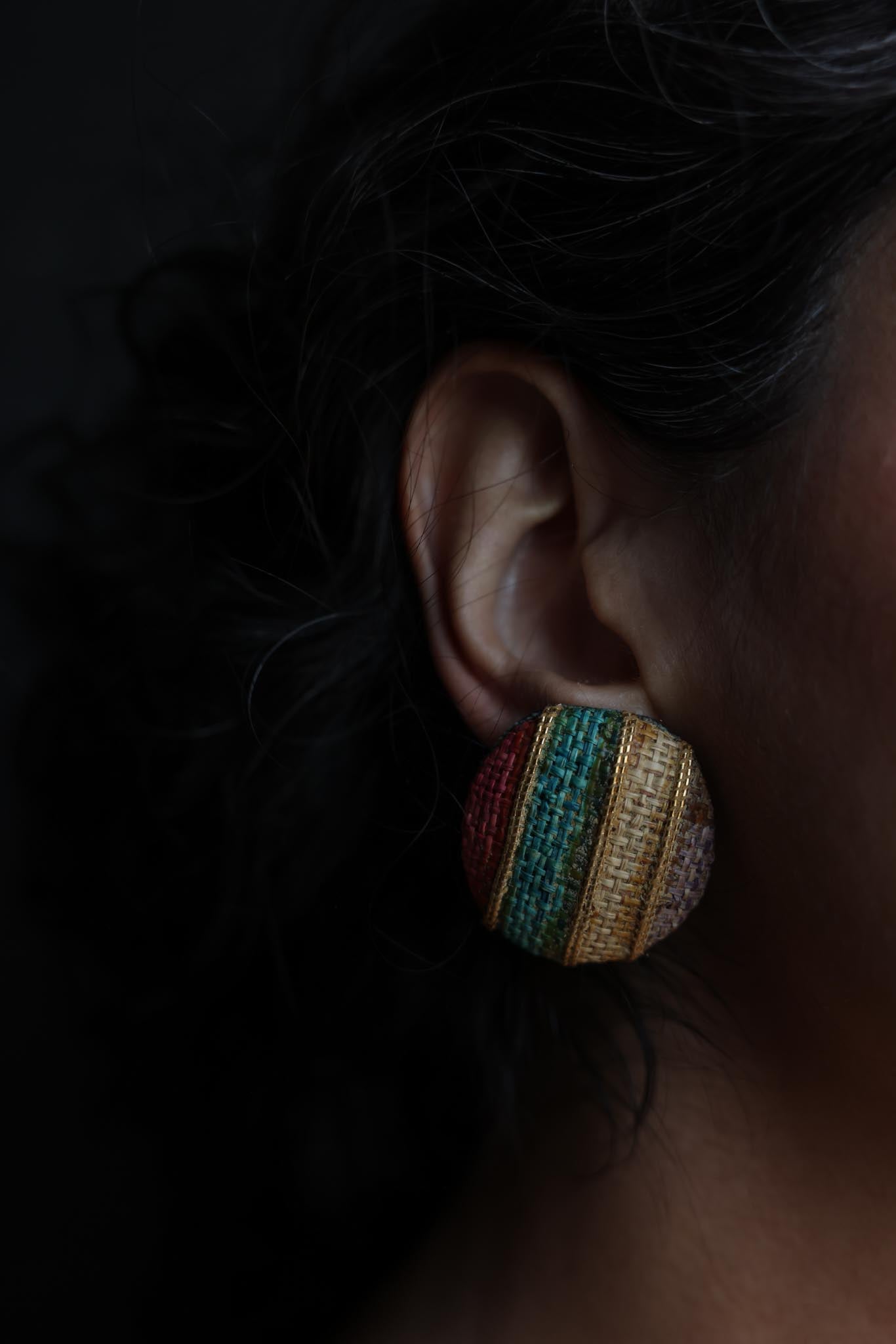 Multicolor Fabric Clip-On Earrings with Gold Accents|Vintage Baazaar