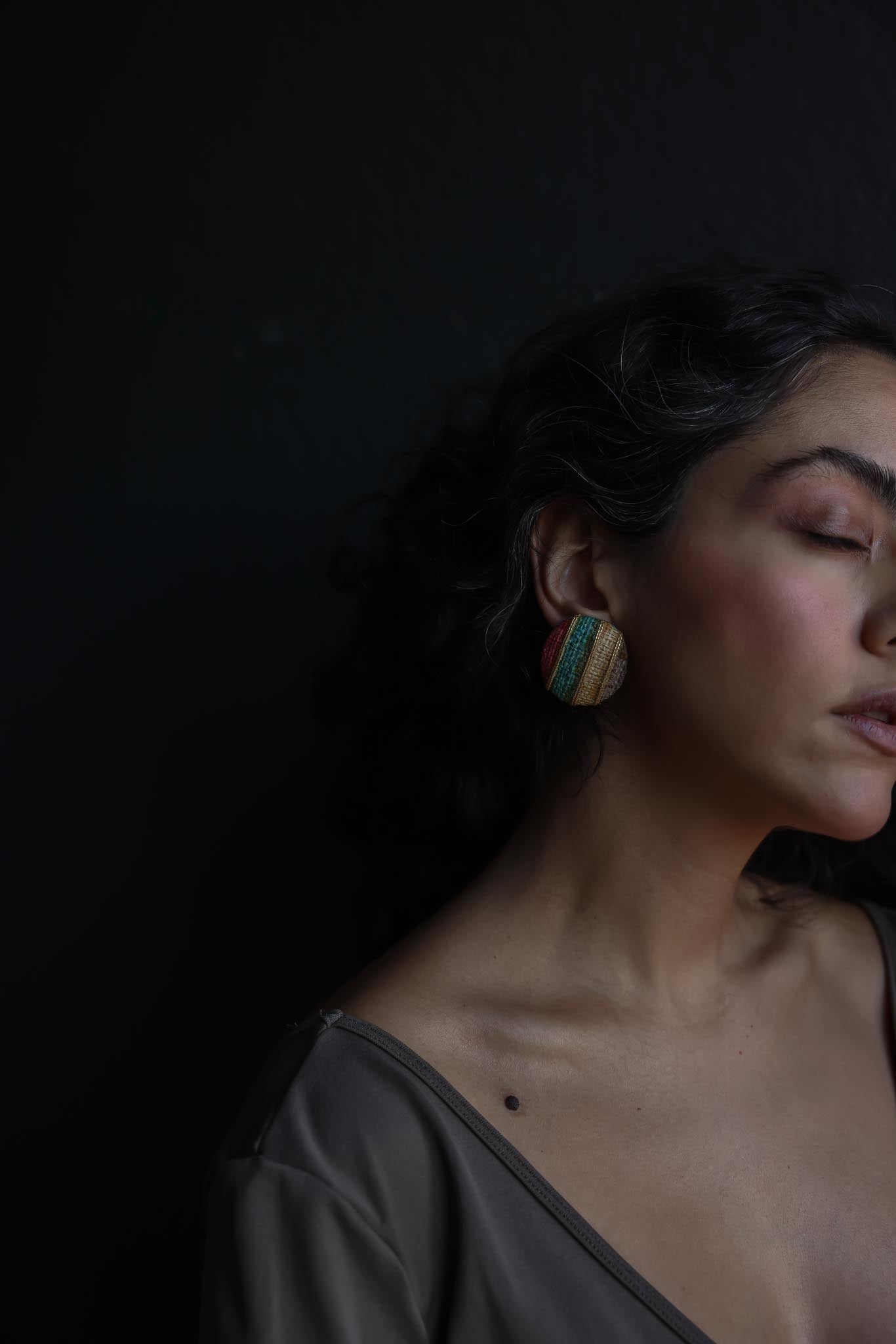 Multicolor Fabric Clip-On Earrings with Gold Accents|Vintage Baazaar