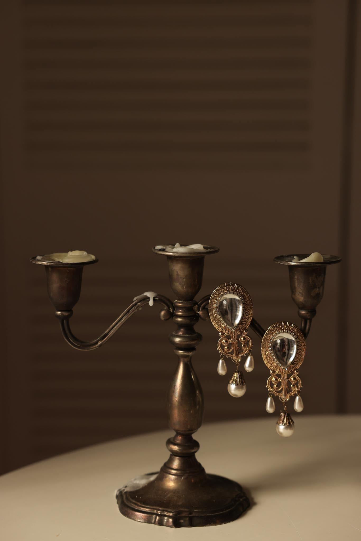 Baroque Drop Clip-On Earrings with Mirror Accents and Faux Pearls|Vintage Baazaar