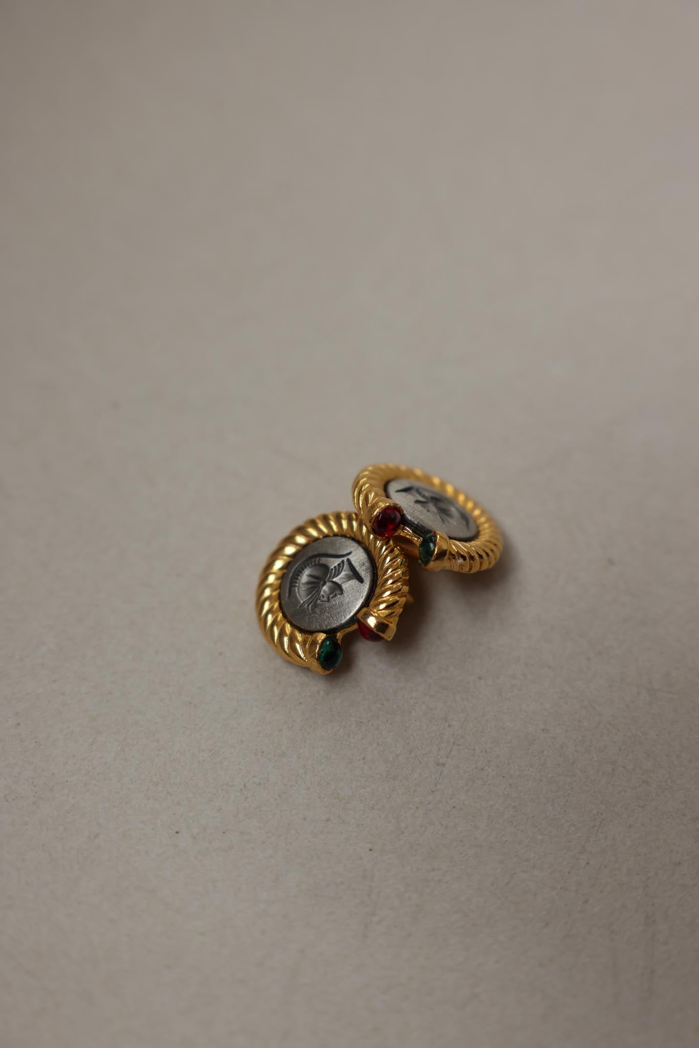 Athena Coin Clip-On Earrings with Red and Green Accents