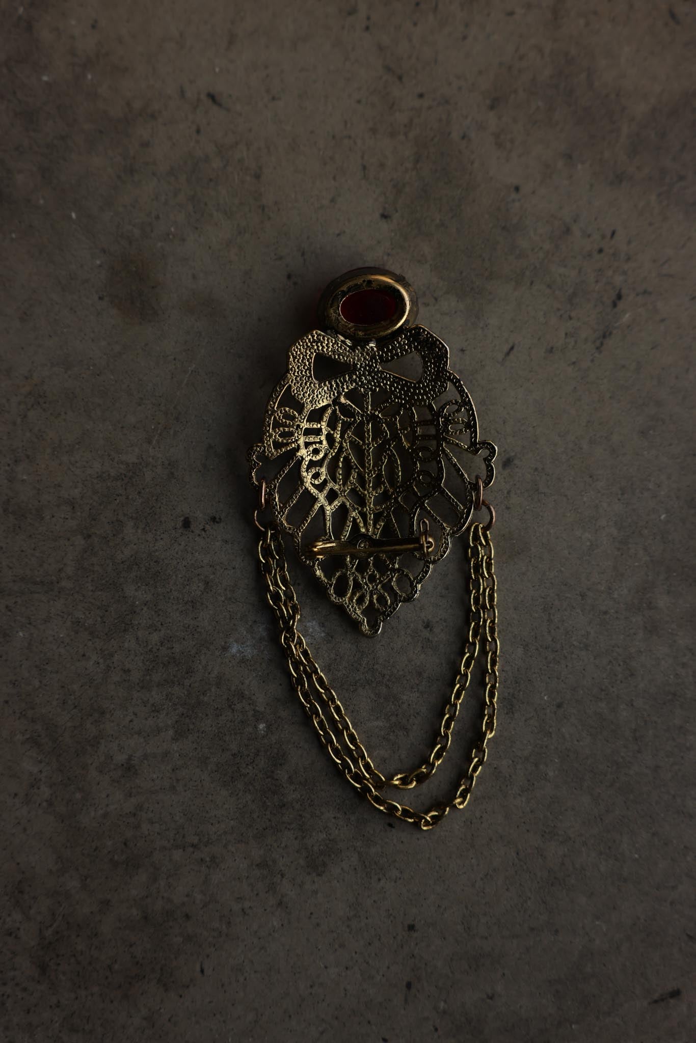 Brass Filigree Red Cabochon Brooch