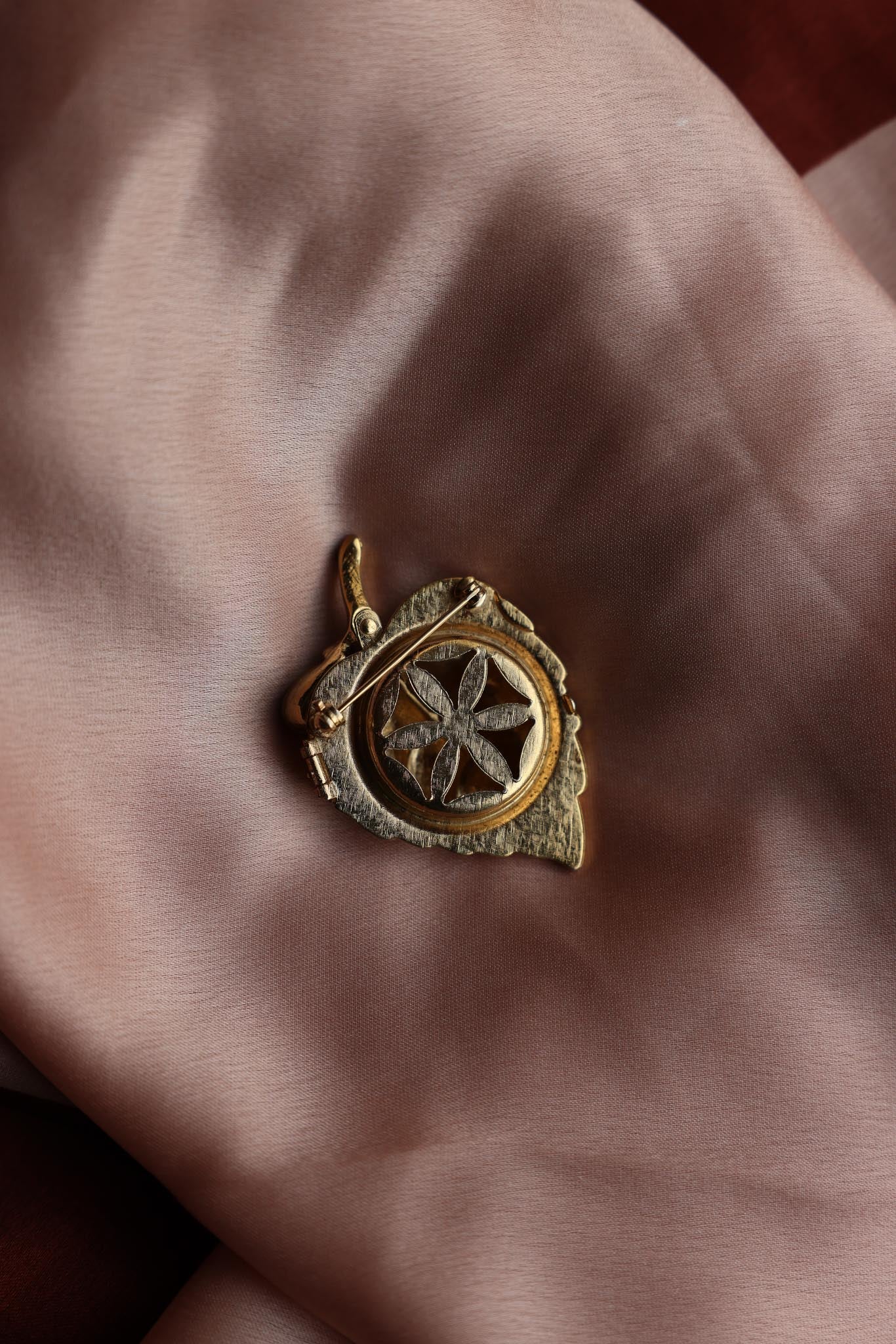 Brushed Gold Leaf Perfume Brooch with Faux Pearl