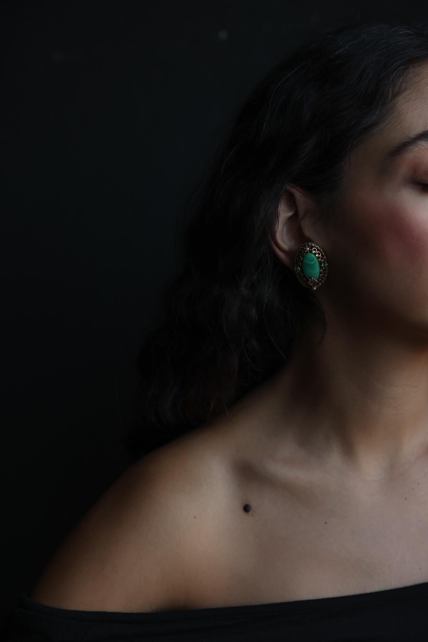 Antique Green Oval Clip-On Earrings