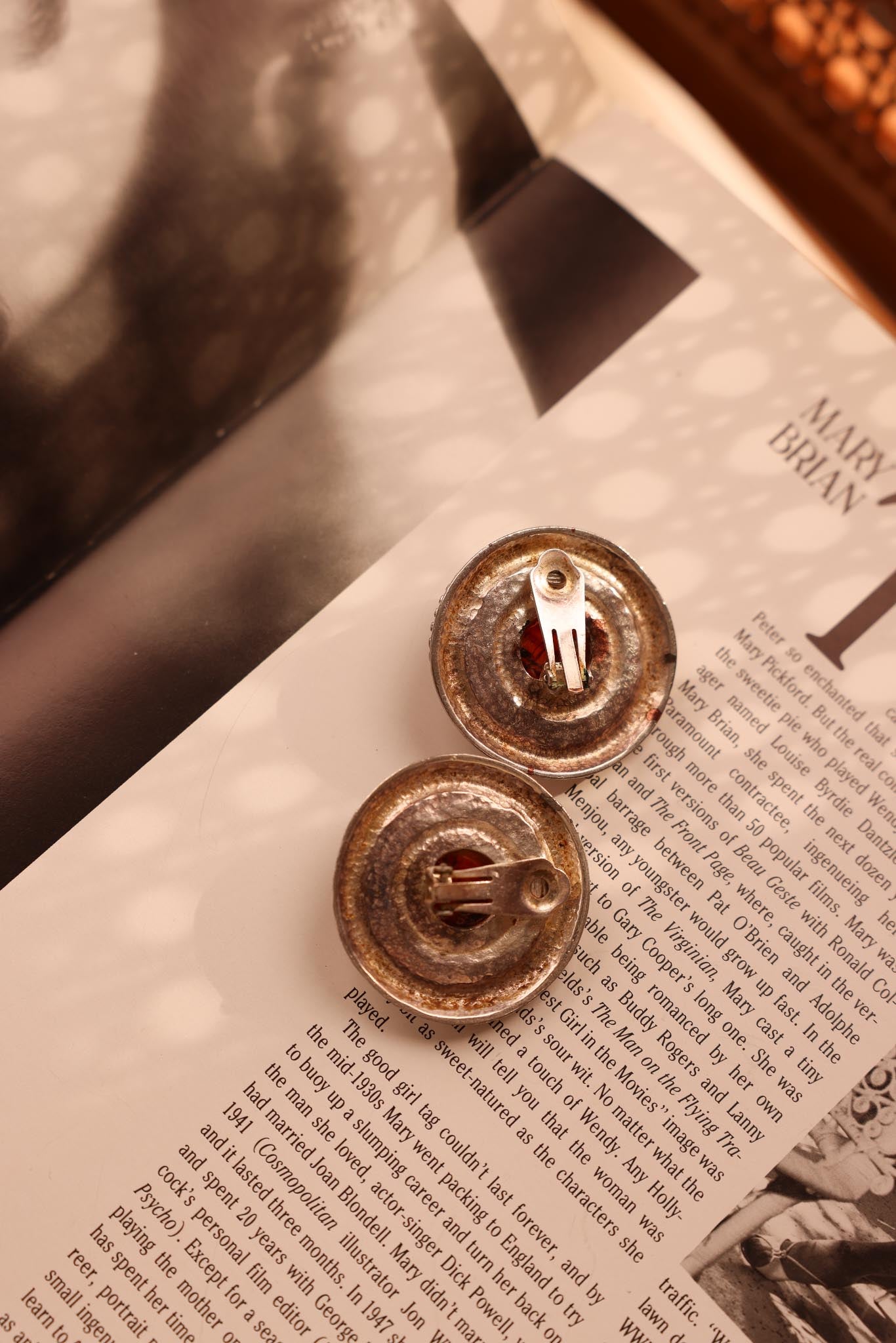 Silver-Toned and Amber Cabochon Earrings|Vintage Baazaar