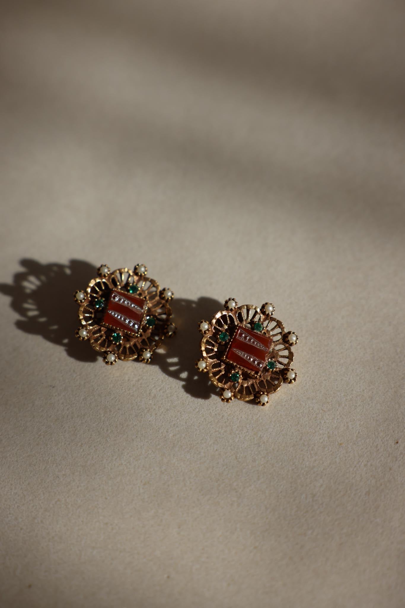 Gold-Tone Filigree Clip-On Earrings with Enamel and Faux Pearls