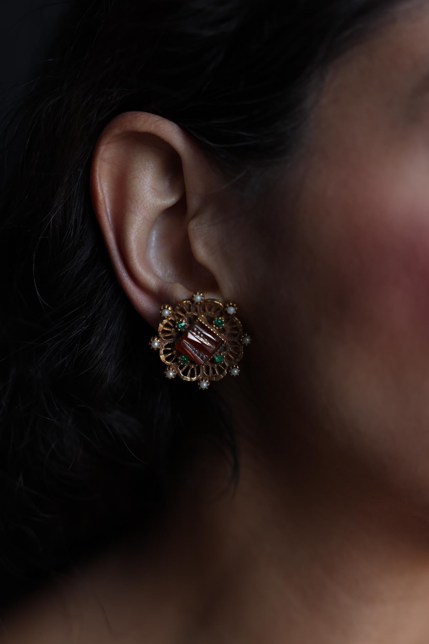 Gold-Tone Filigree Clip-On Earrings with Enamel and Faux Pearls