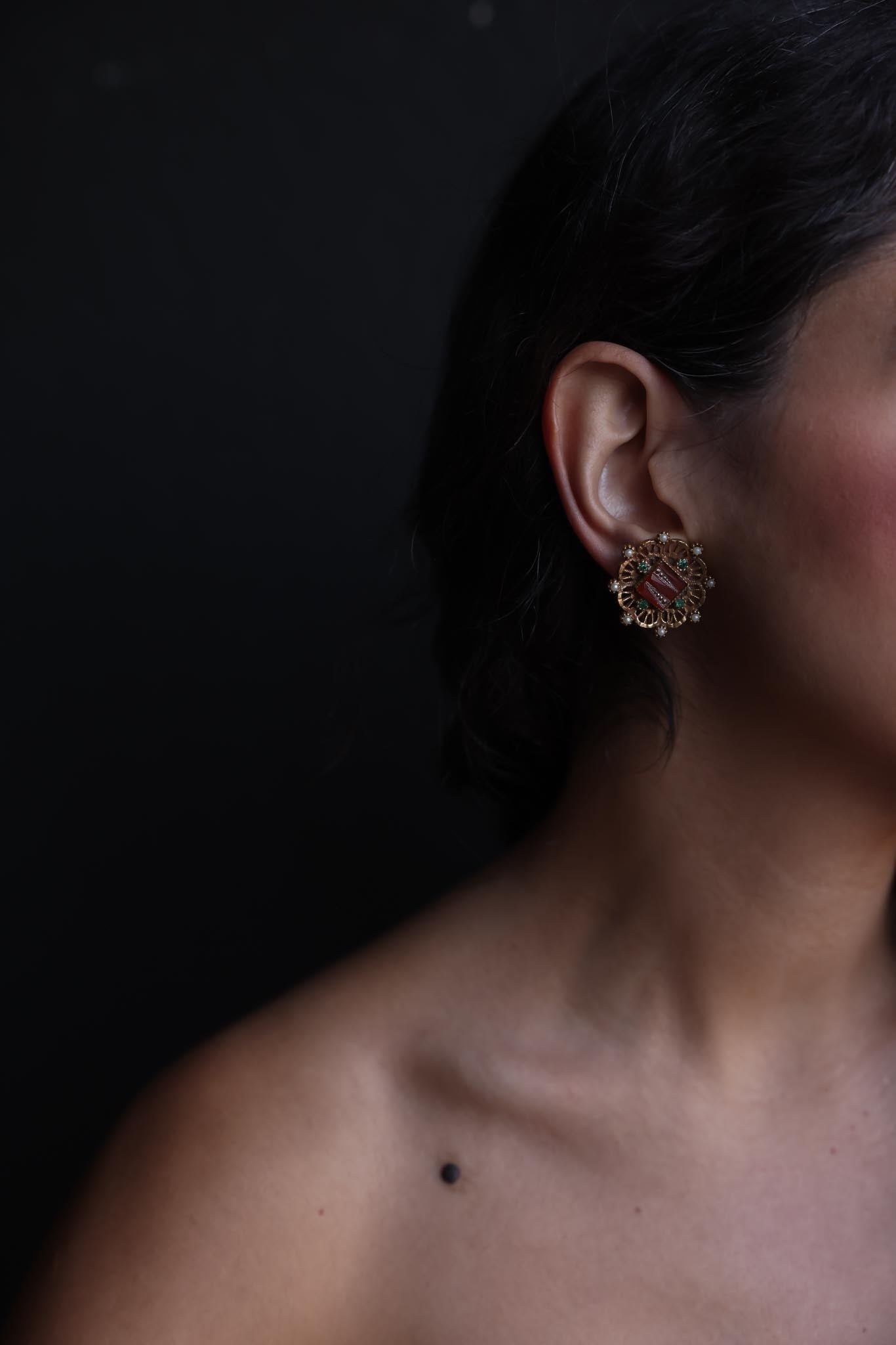 Gold-Tone Filigree Clip-On Earrings with Enamel and Faux Pearls